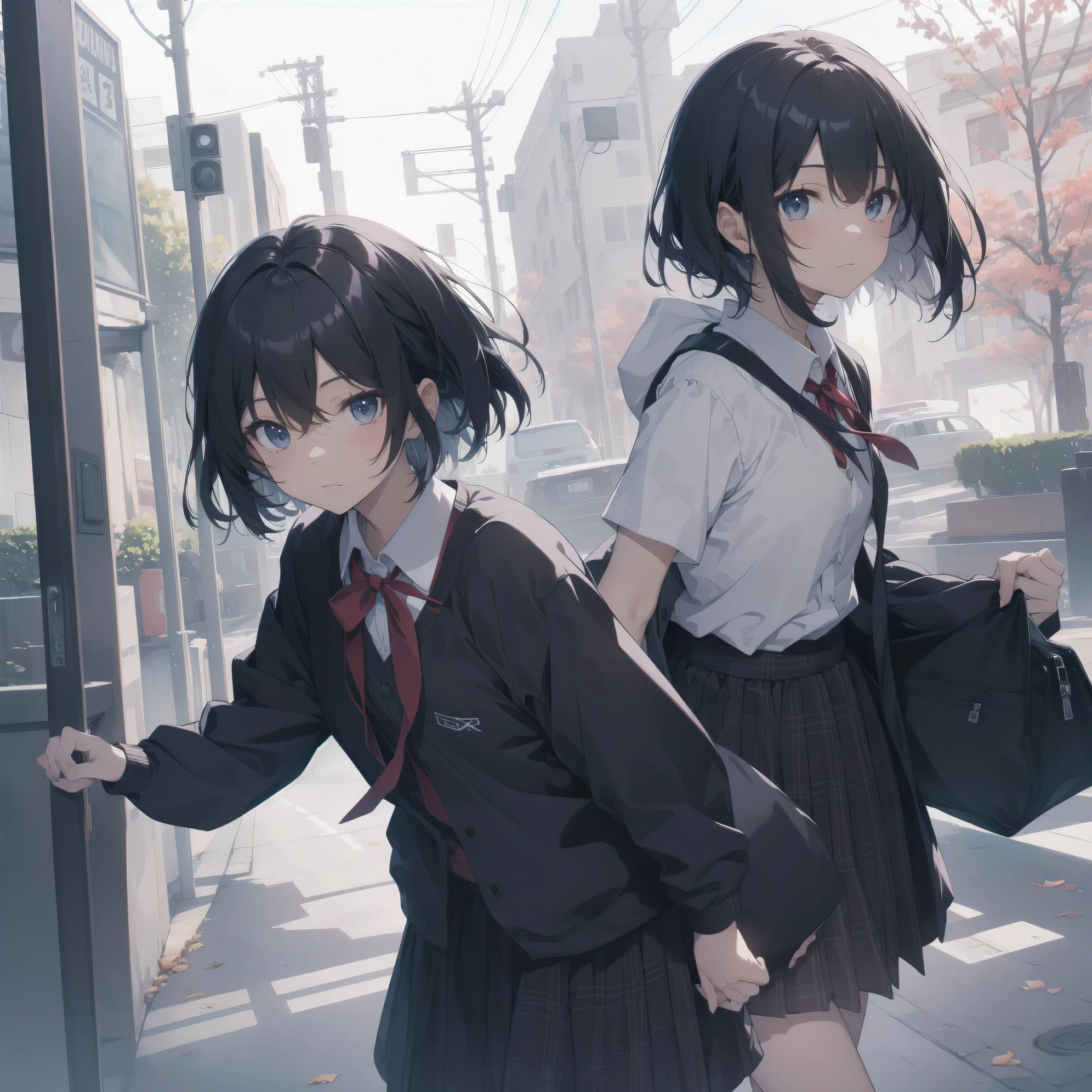 Super Absurd - Top Quality from the God of Art, Super detailed, High resolution, anime moe art style, cute girl portrait, best anime 8K konachan wallpaper, Pixiv contest winners, perfect anatomy,break, (眠そうにalone学校へ行く女の子を描いてください. )break,1 girl, (alone,little woman, 13 years old:1.3),All limbs, full finger,, The charm of an immature body, (very_short hair), shortcut, Bang, flat chest, , small ass, between legs, small black eyes, detailed and beautiful eyes, Well-proportioned iris and pupils, expressive eyes, High resolutionの詳細な髪, expressive, neck ribbon, shirt, collared shirt, skirt, pleated skirt, , (detailed lighting), (detailed background), On the way to school. break,super dense skin, Best cinematic lighting powered by famous artist, 8K,Beauty Illustration,photoshop_(Moderate),Absurd Hi-Res,UHD,rough skin,break,((artist:imigimuru)), artist:mifuru,artist:Fujiyama,artist:sekiya asami,