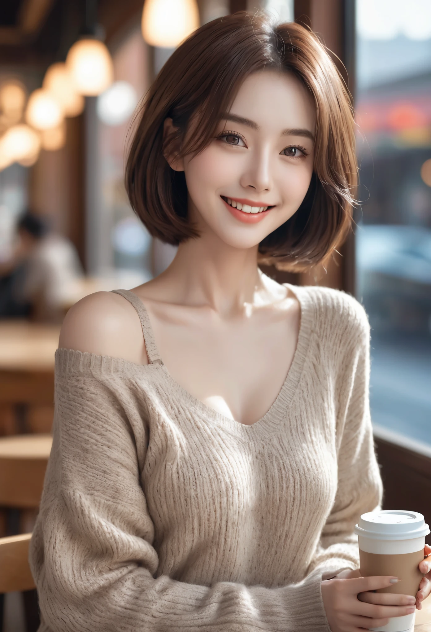 masutepiece, Best Quality, Illustration, Ultra-detailed, finely detail, hight resolution, 8K Wallpaper, Perfect dynamic composition, Beautiful detailed eyes, Long sleeve knit with shoulder extension,Bob Hair, mid-chest, Natural Color Lip, Random and sexy poses,Smile,20 years girl,Colossal ,cafes,Coffee,Emphasis on the chest