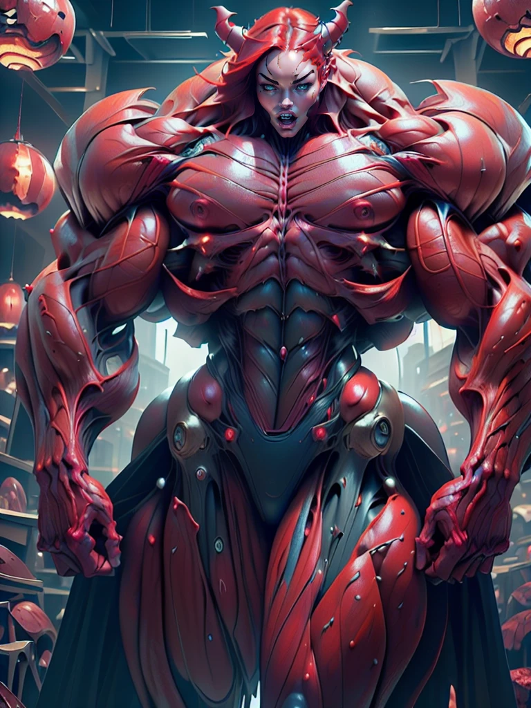 (1 girl), (megan fox:1.25), (long red hair), (carnage skinless physique:1.25), (1 super muscular undead skinless succubus with gigantic horns:1.25), (covered in red necrotic rotting skinless muscle:1.25), (exposed muscles & veins everywhere:1.25), (perfect fingers:1.25),(8k, RAW photo, photorealistic:1.25), dark horrific scary atmosphere, hellish landscape, Hellraiser like atmosphere,