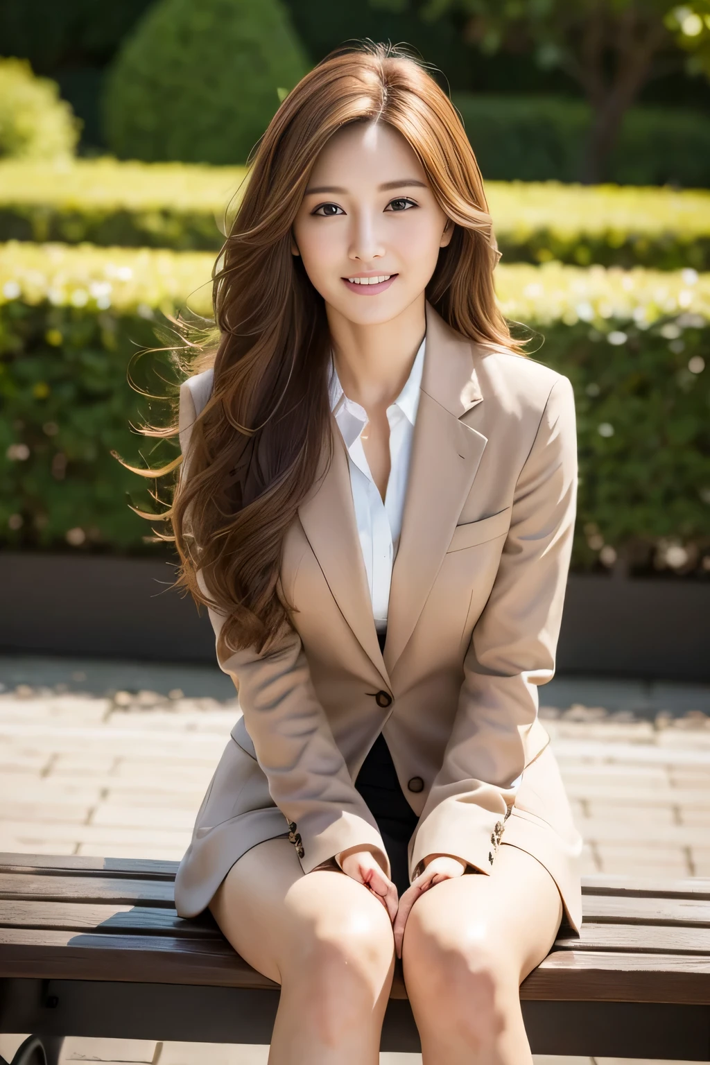 table top, highest quality, realistic, Super detailed, finely, High resolution, 8k wallpaper, 1 beautiful woman,, light brown messy hair, wearing a business suit, sharp focus, perfect dynamic composition, finelyて美しい目, thin hair, Detailed and realistic skin texture, smile,  model body shape、beautiful feet、sit on a park bench、speaking