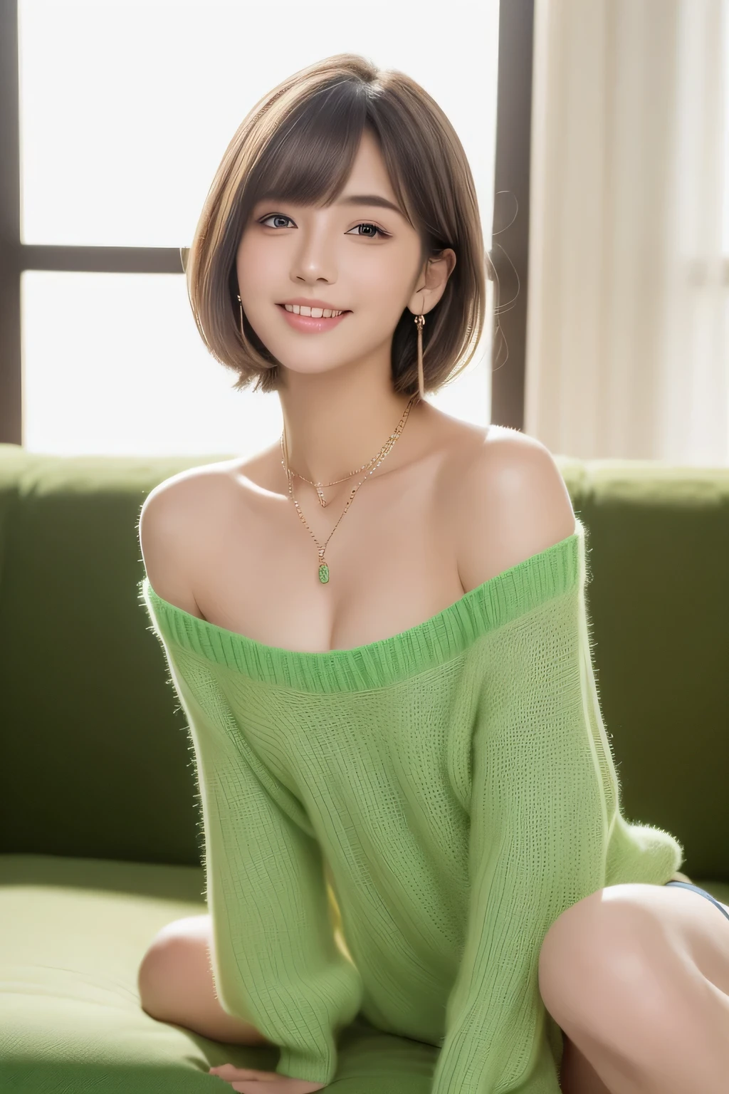 (8K, Raw photo, highest quality, masterpiece:1.5), Super detailed, ultra high resolution, 8k wallpaper, huge file size, (realistic, realistic Photo:1.37), Beautiful girl very knowledgeable, highly detailed face, very fine eyes, very fine skin, very fine fingers, very small nose, Highly detailed detailed mouth, highly detailed background, very detailed costume, perfect anatomy, Anatomically perfect hands, (whole body from thighs:1.5), (1 person), 20 year old female, beautiful Japanese faces, (young face), (perfect body:1.1), pure erotic face, slender body, slender body shape, The beauty of slim abs, thin waist, High-definition skin quality, Fair skin, glowing skin, ruddy skin, long and thin legs, light brown delicate soft hair, cute feminine hairstyle, layer cut, (dull bangs:1.2), natural smile, beautiful teeth, beautiful small face, realistic face, beautiful actress'natural makeup, double eyelid, beautiful thin eyebrows, fine long eyelashes, charming brown eyes, Plump and glossy pink lips, My cheeks turned red, necklace, earrings, beautiful and detailed eyes, well-shaped small breasts, Cute little pink areolas, plump ass, stare at the viewer with a greedy expression, dynamic lighting,
((she、She is wearing a green sweater made of Latin fabric with a plunging neckline.。., Topless, I can see your chest)),
Bright interior reminiscent of a luxury hotel, A grassy field spreads out outside the large window.., (white room), blur the background,
((sheふかふかのソファに美しく寄りかかっています., spread your legs, Touching your own with your hands)),
tilt your head a little, perspective from above,
The bright morning light illuminates the area,