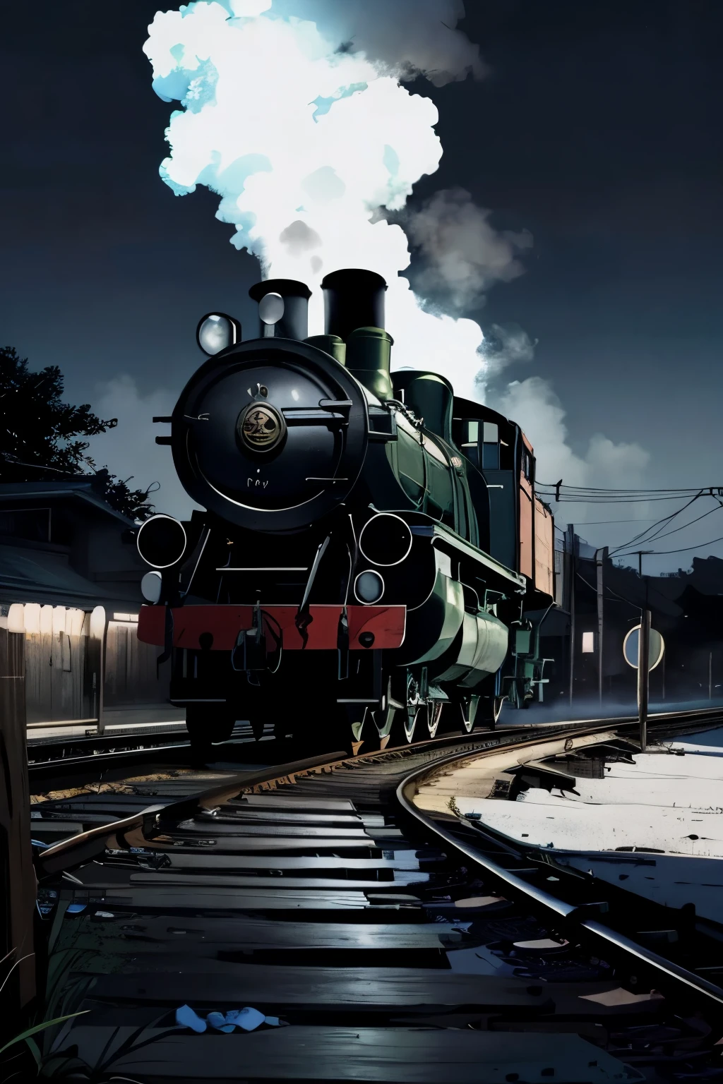 Steam train view from above,at night,There&#39;s a little bit of light.,1 person on the train,Anime,Atmosphere when leaving