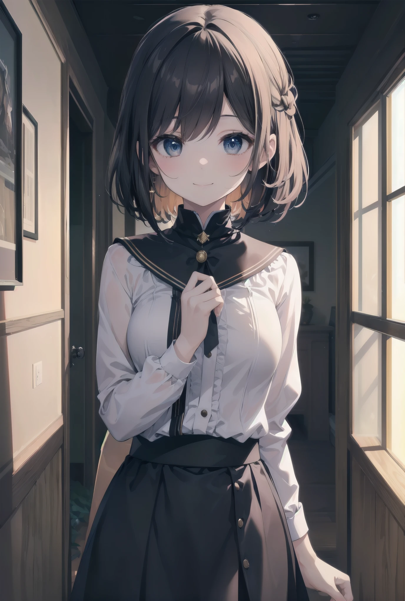 Enhanced dynamic perspective,Cute cute beautiful girl,JK ,Look at me and smile,simple backgound,Works of masters,high qulity,4K resolution,super-fine,Detailed pubic hair,Accurate,Cinematic lighting,