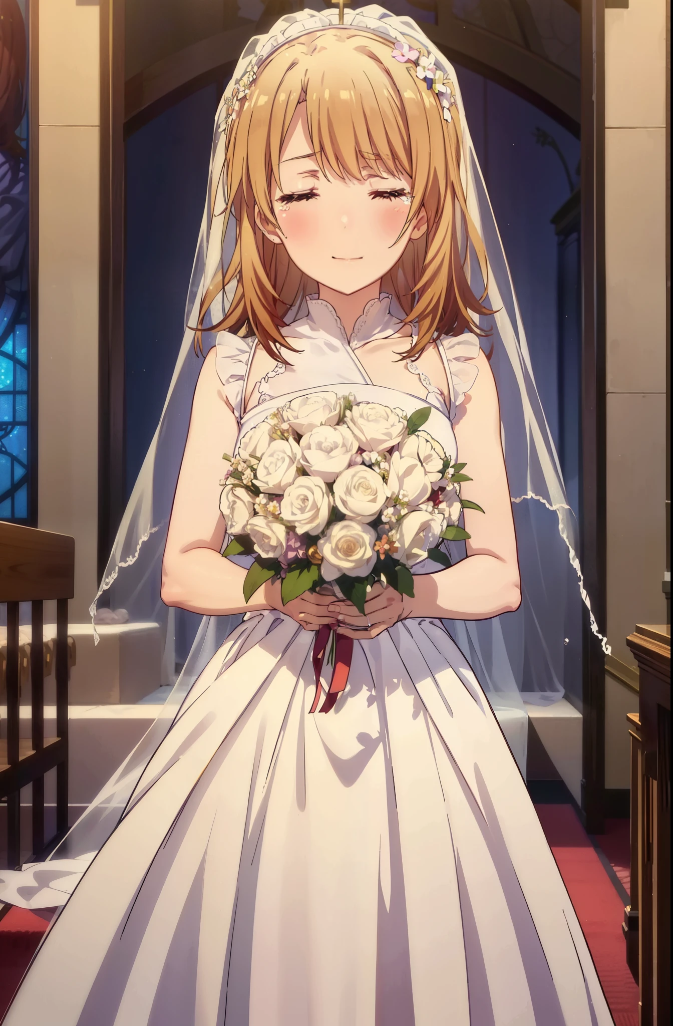 irohaisshiki, iroha isshiki, long hair, brown hair, open your mouth,smile,happy atmosphere,Please close your eyes and cry,tears run down her face,tears of joy,blush,smile,large pale stained glass,Light of the sun,chapel,marriage,church,Wedding dress,veil,Wedding Skirts,bouquet,bouquetトス,Holding a big bouquet in both hands,happy atmosphere,Hanabubuki,marriage式, break indoors, chapel, church,
break (masterpiece:1.2), highest quality, High resolution, unity 8k wallpaper, (shape:0.8), (highly detailed face, perfect lighting, Very detailed CG, (perfect hands, perfect anatomy),