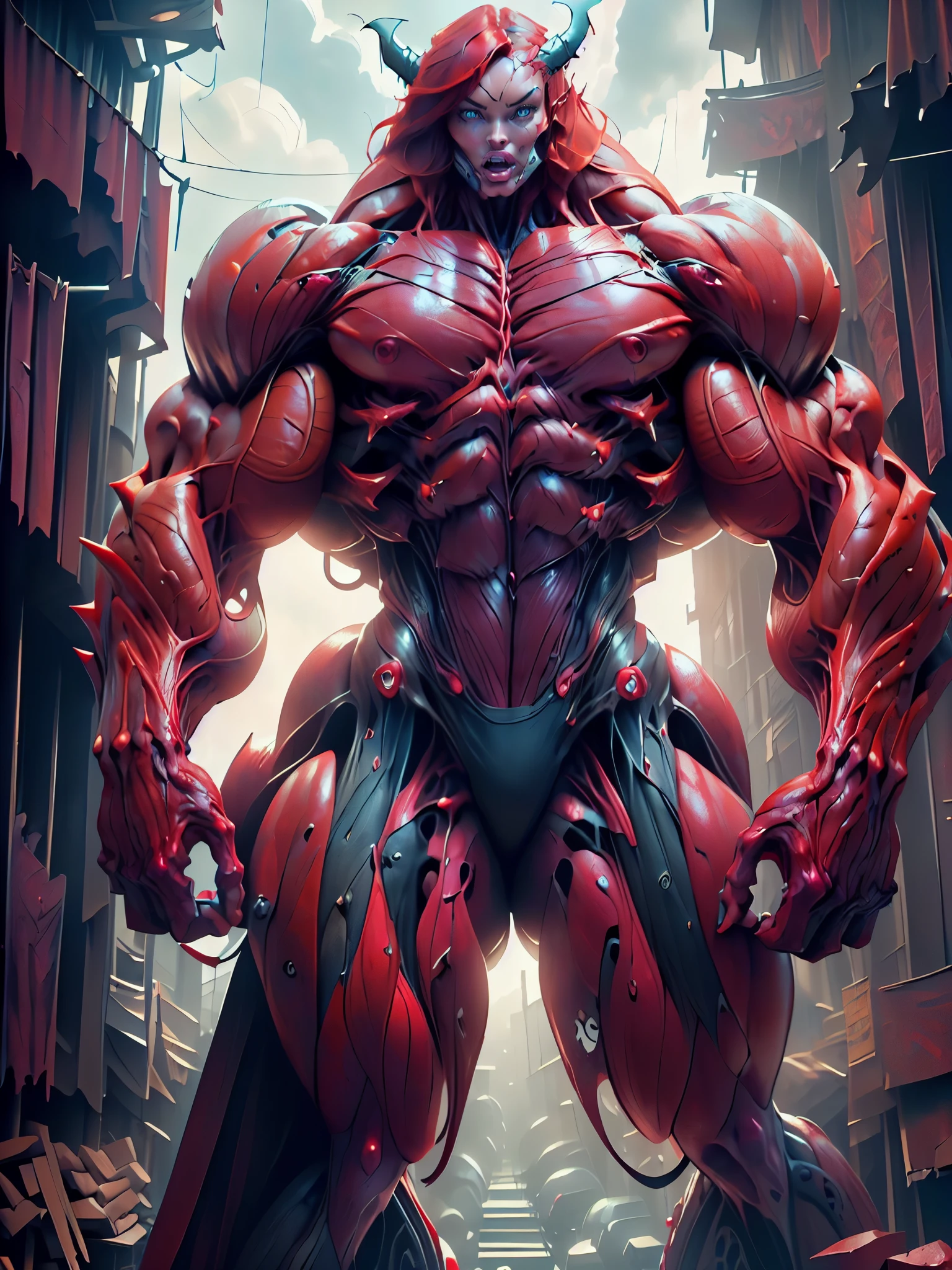 (beautiful girl face:1.45), megan fox as a vampiric muscular red carnage, (mouth wide open with tongue out:1.25), (red carnage anatomic muscular bio-mecha muscle suit:1.25), (body totally covered in muscles, veins, tendons), (perfect muscular anatomy), (fake large breasts:1.25)