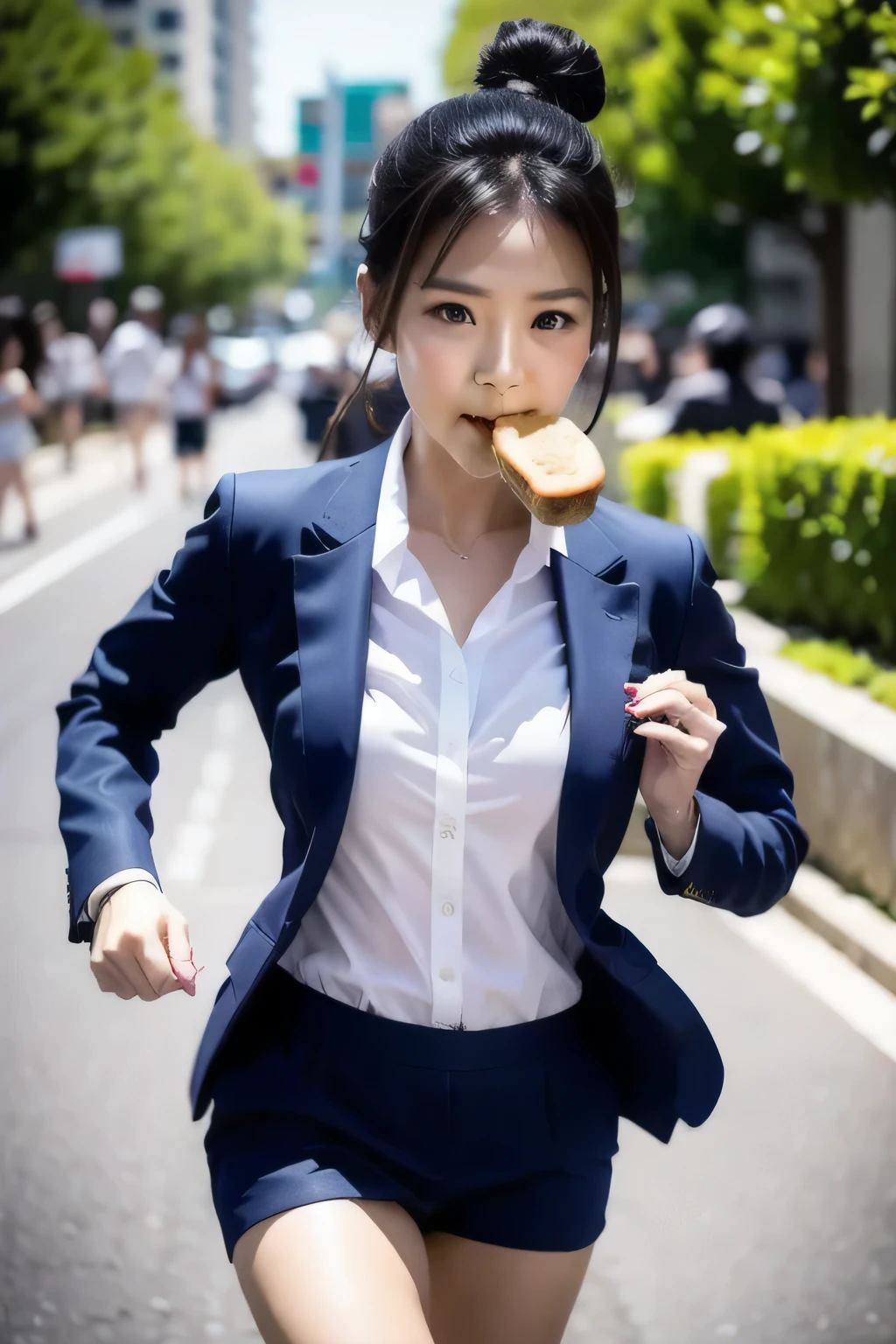 (masterpiece, highest quality:1.2), 1 female, alone, (((超絶的に美しい女性は口に食パンを銜えながらRun、she is wearing a dark blue business suit、I&#39;Iは急いでいます)))、Run!、Run!、Run!、(food bread in mouth)))Hey, Cowboy shot of a girl., Bokeh caused by motion blur,