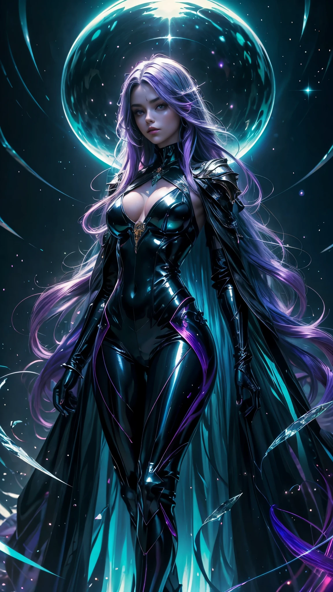 Masterpiece, best quality, 1girl, with long flowing iridescent hair in shades of purple, blue, and green, wearing a sleek black bodysuit, standing in a dramatic pose with one hand on her hip and the other holding a glowing, magical crystal ball. In the background, a swirling vortex of light and energy adds to the mysterious and enchanting atmosphere of the scene. glow hair, multicolor hair
