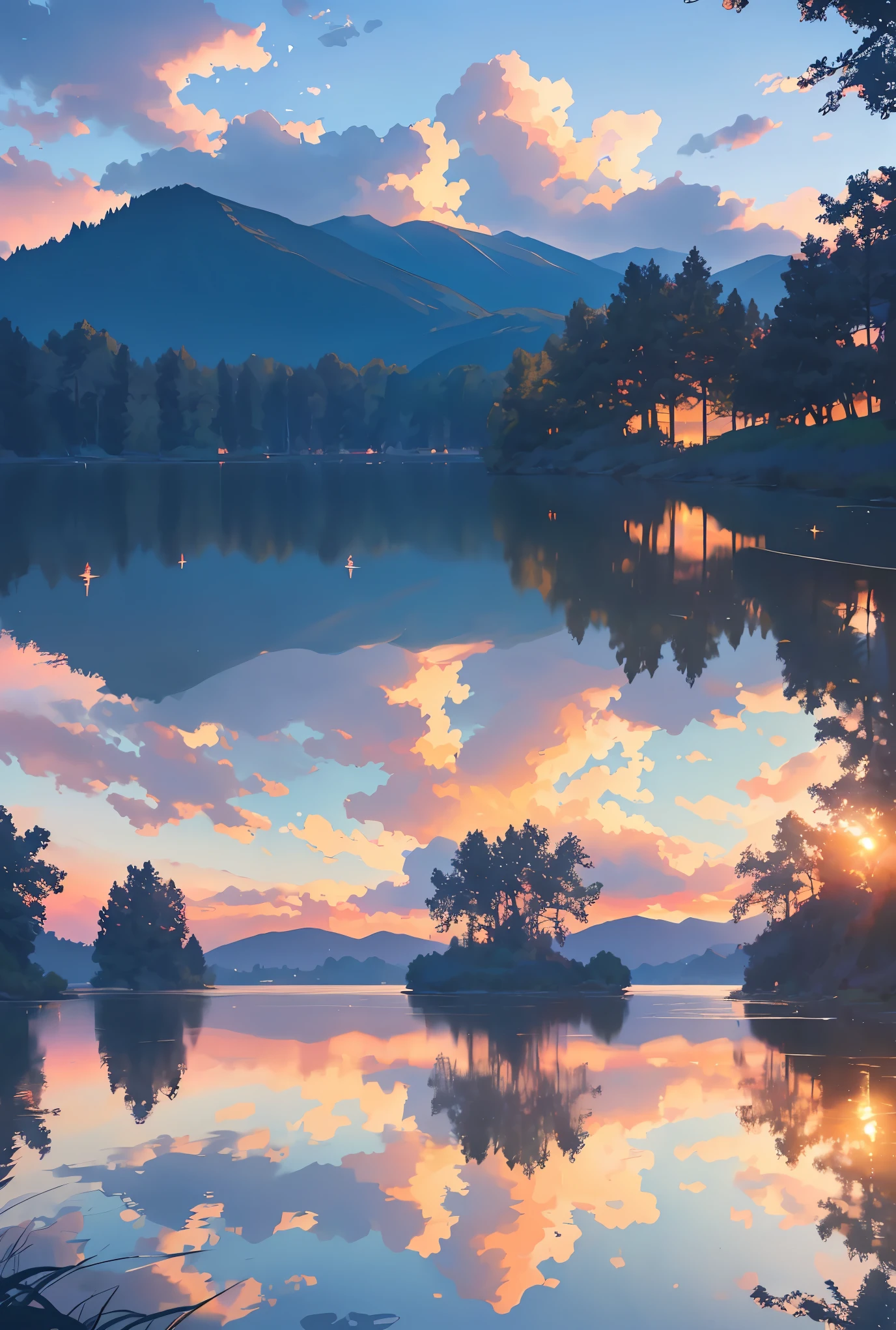 A reflection of a serene sunset on a calm lake,ripples in the water,beautiful clouds in the sky,buildings and trees mirroring in the water,dappled sunlight filtering through the trees,peaceful and tranquil atmosphere,(best quality,4k,8k,highres,masterpiece:1.2),ultra-detailed,(realistic,photorealistic,photo-realistic:1.37),vivid colors,soft color tones,stunning light effects