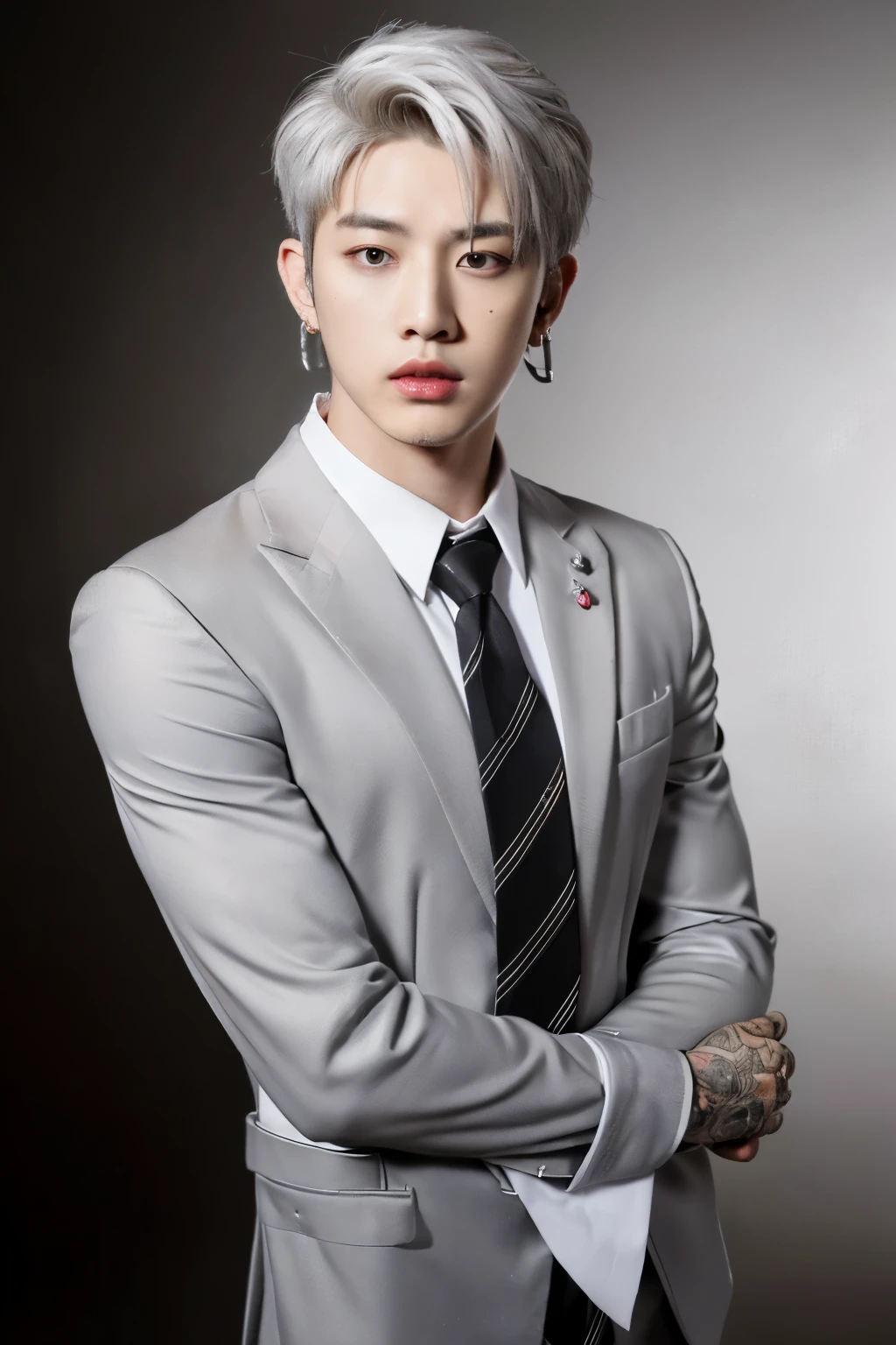 (8k photo, best quality, masterpiece:1.2),(realistic, photo-realistic:1.37) young ,   handsome man, ((Mark Tuan Got7)), white skin, detail face, grey bright eye, ((platinum grey hair color short wavy hair)), (((black long sleeve suit and red tie))), (bad boy), ((yakuza tattoo)), (((holding gun pose))) (((night town in backdrop))), (cross earring), necklace, ((full body)) vertical photo (long shot)