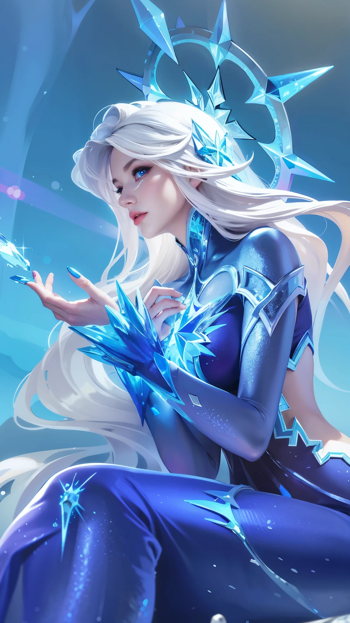 there is a woman in a blue dress sitting on a rock, ice sorceress, queen of ice and storm, ice mage, crystalline skin, ice queen, crystal maiden, beautiful ancient frost witch, ice spell, goddess of winter, extremely detailed artgerm, artgerm detailed, ig model | artgerm, artgerm. high detail, blue eyes