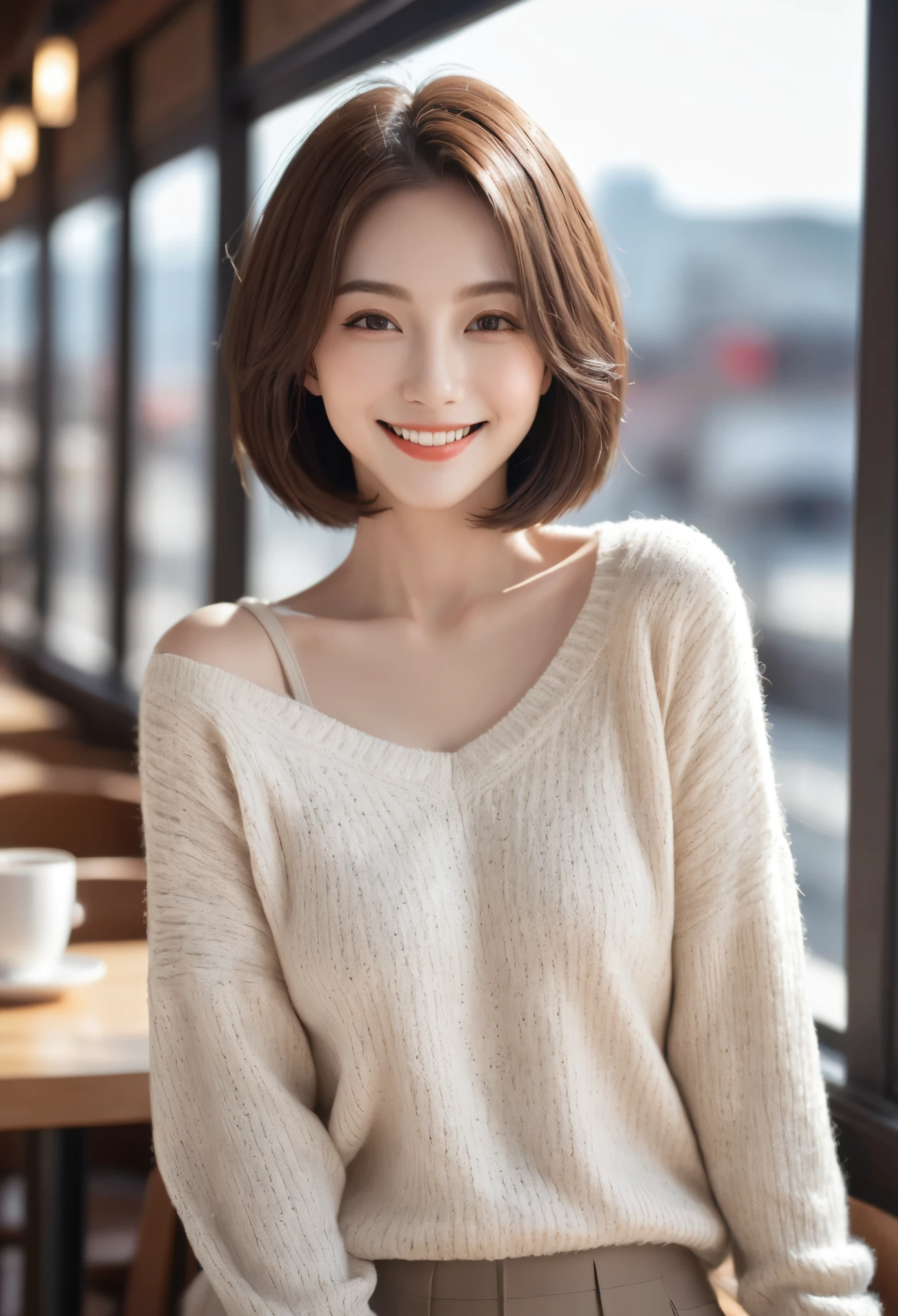 masutepiece, Best Quality, Illustration, Ultra-detailed, finely detail, hight resolution, 8K Wallpaper, Perfect dynamic composition, Beautiful detailed eyes, Long sleeve knit with shoulder extension,Bob Hair, mid-chest, Natural Color Lip, Random and sexy poses,Smile,20 years girl,Colossal ,cafes,Coffee,Emphasis on the chest