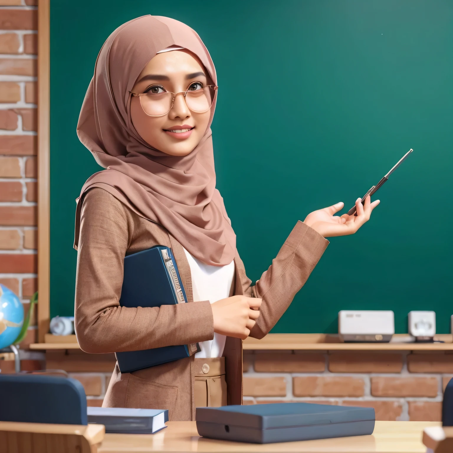 Jovannotti Christopher PNS, guru, super realistic 3/4 shot, passionate pose, professional photography portrait of a 30 year old female teacher in a classroom, very realistic skin, cinematic lighting, very original hijab fabric details, glasses, holding a book, scout clothing, transparent button-up shirt with right and left pockets, long slave, transparent long skirt, (big hips: 1.3), tight cotton dress, smiling, looking at the camera, (masterpiece :1.0),
