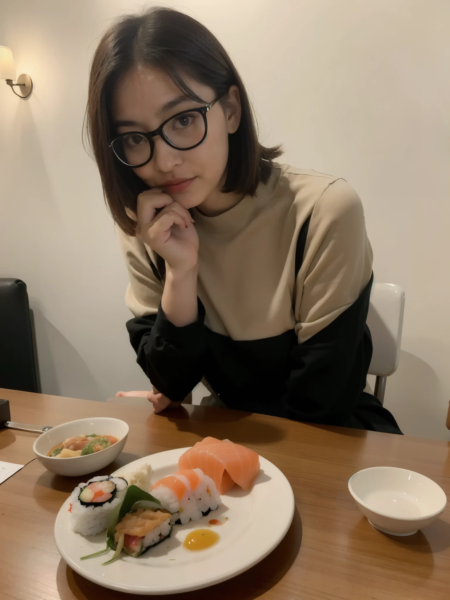 woman sitting at a table with a plate of sushi and a bowl of rice, with glasses, with round glasses,  with short hair, wearing small round glasses, wearing thin large round glasses