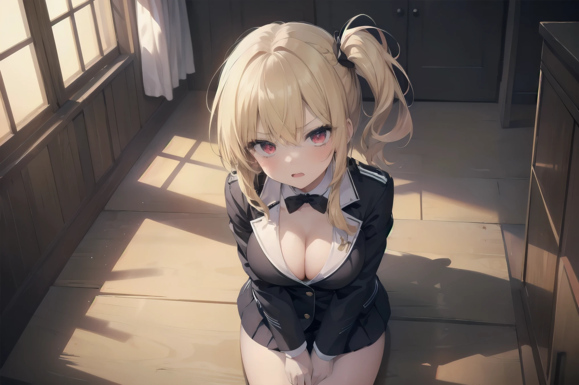 (Masterpiece: 1. 2), (Top quality: 1. 2), Perfect eyes, Perfect face, Perfect lighting, Mountainous horizon, Superb girl like beauty, Blonde hair, Top half, Cleavage, Red eyes, Braids, Side ponytail, Bangs, Bobbed hair, Poofy hair, Cute eyes, Great bust, (From bottom), Raw description, Orgasm, Despair and Fear, Erotic Bitch Virgin, Raped, Angry, Sideways, Bewitching, Cute design branded blazer uniform, Cute ornaments, Sitting, Arms crossed, (from above: 1.2)