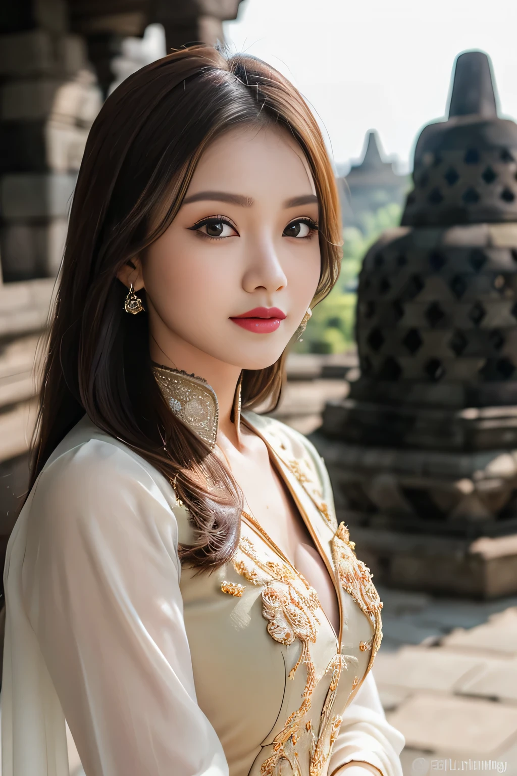 8k portrait of beautiful cyborg with brown hair, ((Borobudur temple background)), photography, portrait of gadis_jelita wearing kebaya_bali, red lipstick, detail, flowers, blurry background, soft focus, (masterpiece, sidelighting, finely detailed beautiful eyes: 1.2), hdr