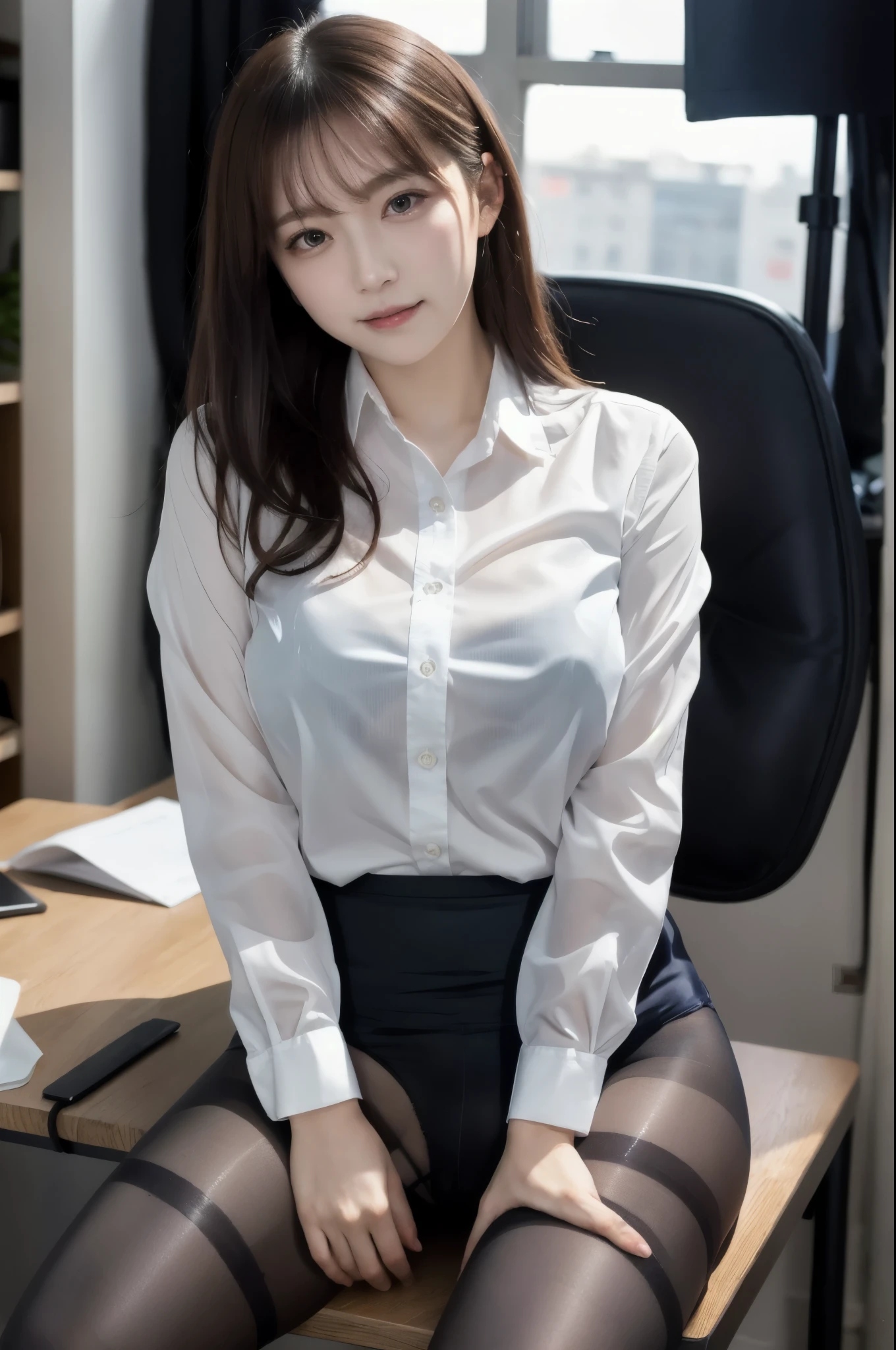 ulzzang-6500-v1.1, (Raw photo:1.2), (Photoreal),  (See-through:1.3), (genuine: 1.4), Office lady sitting cross-legged on the desk, wearing a strict suit, wearing a strict business suit, (super realistic pantyhose:1.3),  reluvy5213, sakimichan HDRI,  to NFSW、smile of shame、huge file size, High resolution, very detailed, highest quality, [masterpiece:1.6], An illustration, very detailed, ticker, fine details, highest quality, 8K wallpaper, movie lighting, cute droopy eyes beautiful big eyeuste piece)), 