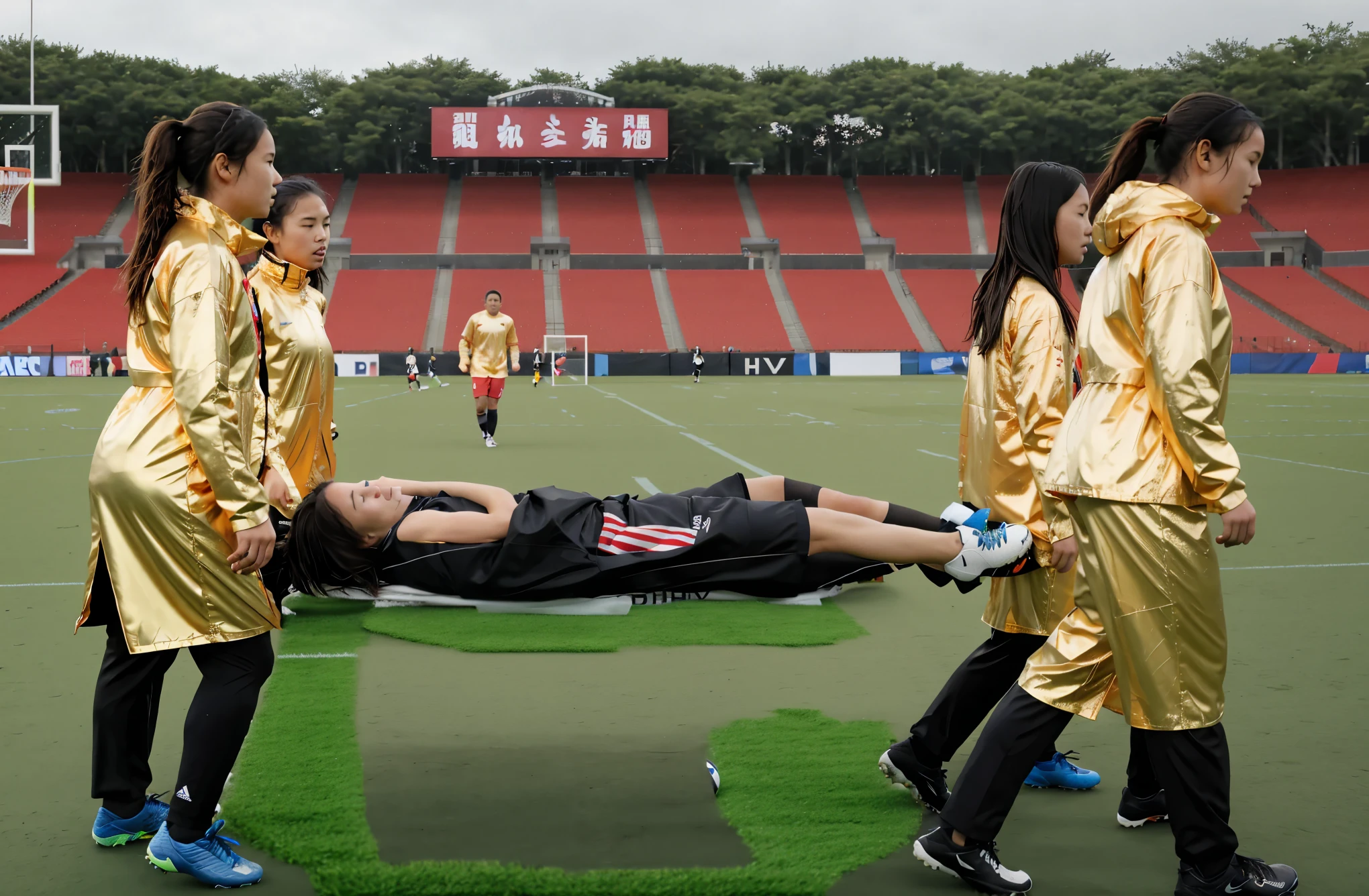 Soccer player is taken away on a stretcher, There is a man lying on his back on a stretcher with his hands grabbing his hurting leg, a man in a t-shirt and sports shorts has put his hands on his injured leg, the man has an agonised face looking to the sky, two horny looking longhaired and ponytailed women that are wearing very shiny coats, there are longhaired women with horny faces wearing laquered puffy coats, longhaired women are walking in wetlook puffy coats, several women walking around a football field with an injured athlete on a stretcher, the injured athlete on the stretcher is grabbing his injured leg with both hands, the women look very worried, behind the women there is a frightening atmosphere, there is heavy rainfall in the background, video still, behind the scenes, pity, china, erotic, horny, drama, very shiny orange vinyl fabric