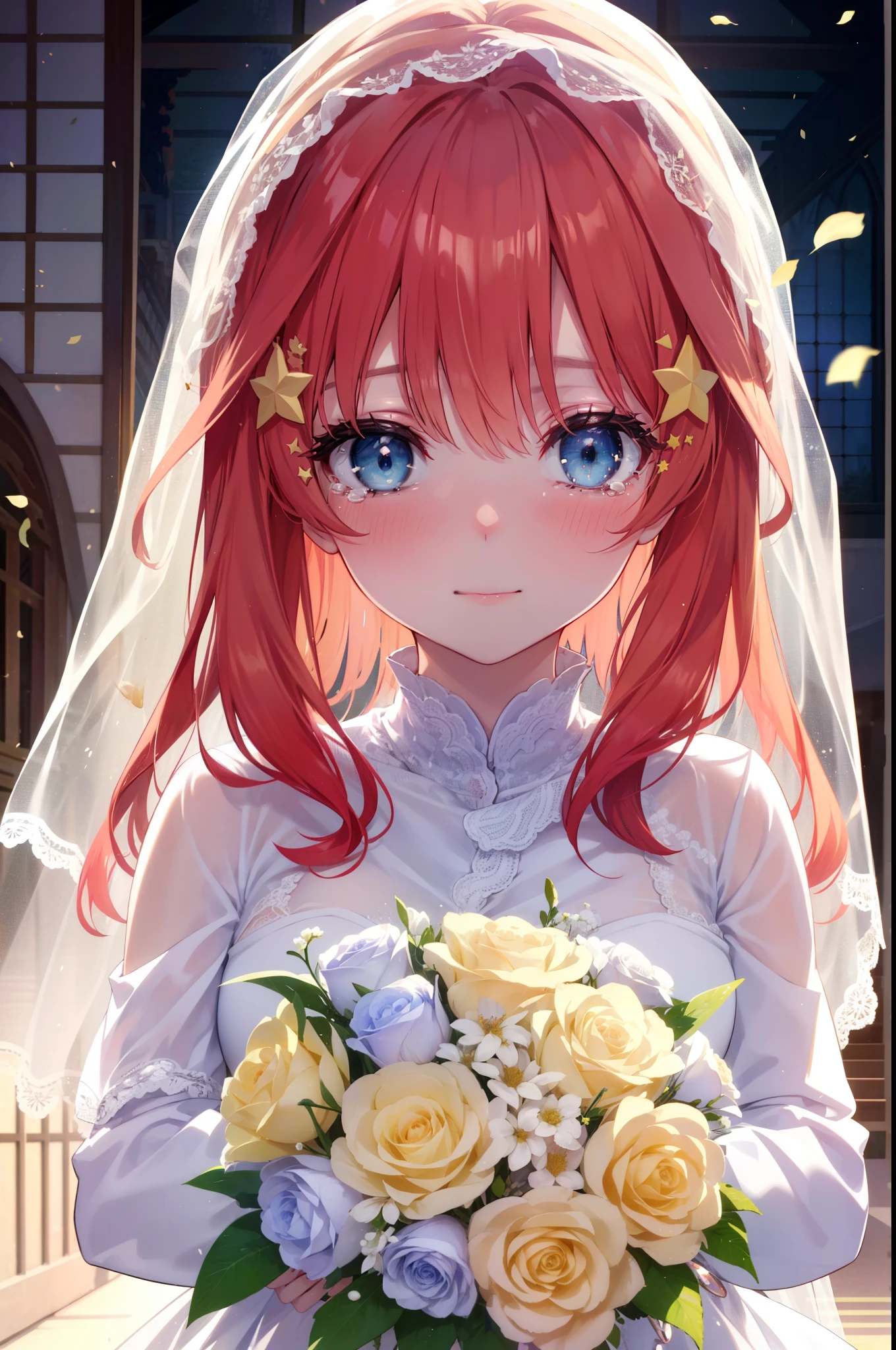 itsukinakano, itsuki nakano, bangs, blue eyes, hair between eyes, long hair,redhead, star \(symbol\), hair ornaments, star hair ornaments,smile,blush,open your mouth, happy atmosphere,Big tears are running down her face,tears of joy,Wedding dress,veil,Wedding Skirts,bouquet,holding a large bouquet of flowers in both hands,Hanabubuki,
break indoors, church,chapel,
break (masterpiece:1.2), highest quality, High resolution, unity 8k wallpaper, (shape:0.8), (fine and beautiful eyes:1.6), highly detailed face, perfect lighting, Very detailed CG, (perfect hands, perfect anatomy),