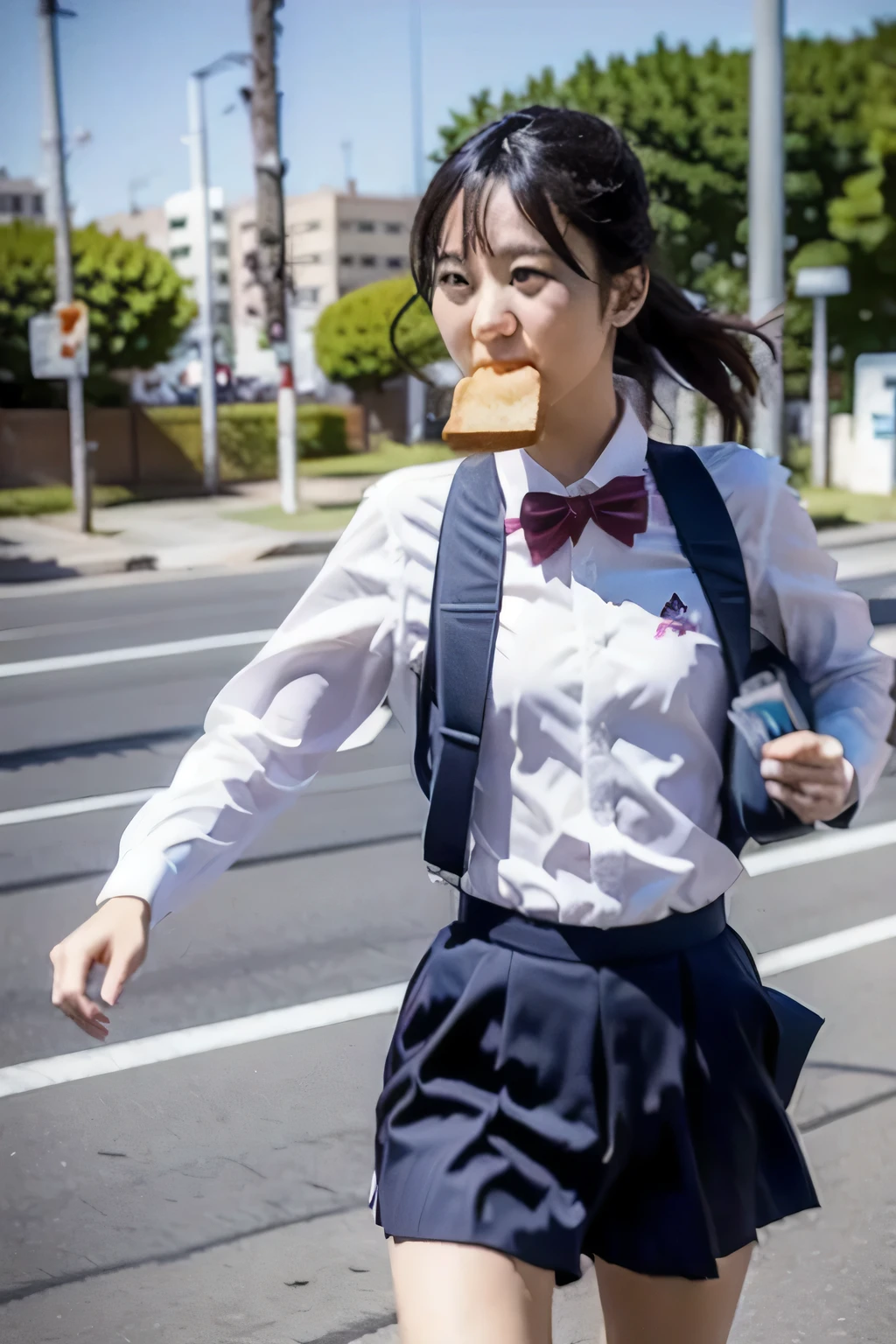 (masterpiece, highest quality:1.2), 1 girl, alone, (((少女は食パンを口に銜えながらRun、I&#39;Iは急いでいます)))、Run!、Run!、Run!、(((bread in the mouth)))、Cowboy shot of a girl, Bokeh caused by motion blur,