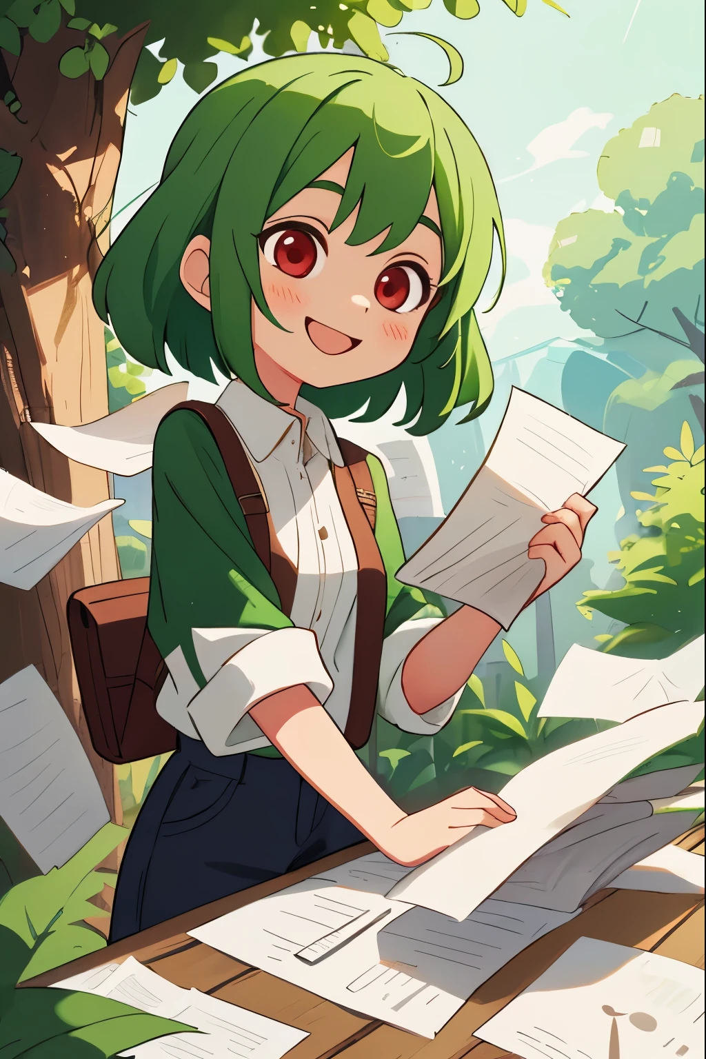 a lot of paper,girl,smile,outdoor,green hair,red eyes