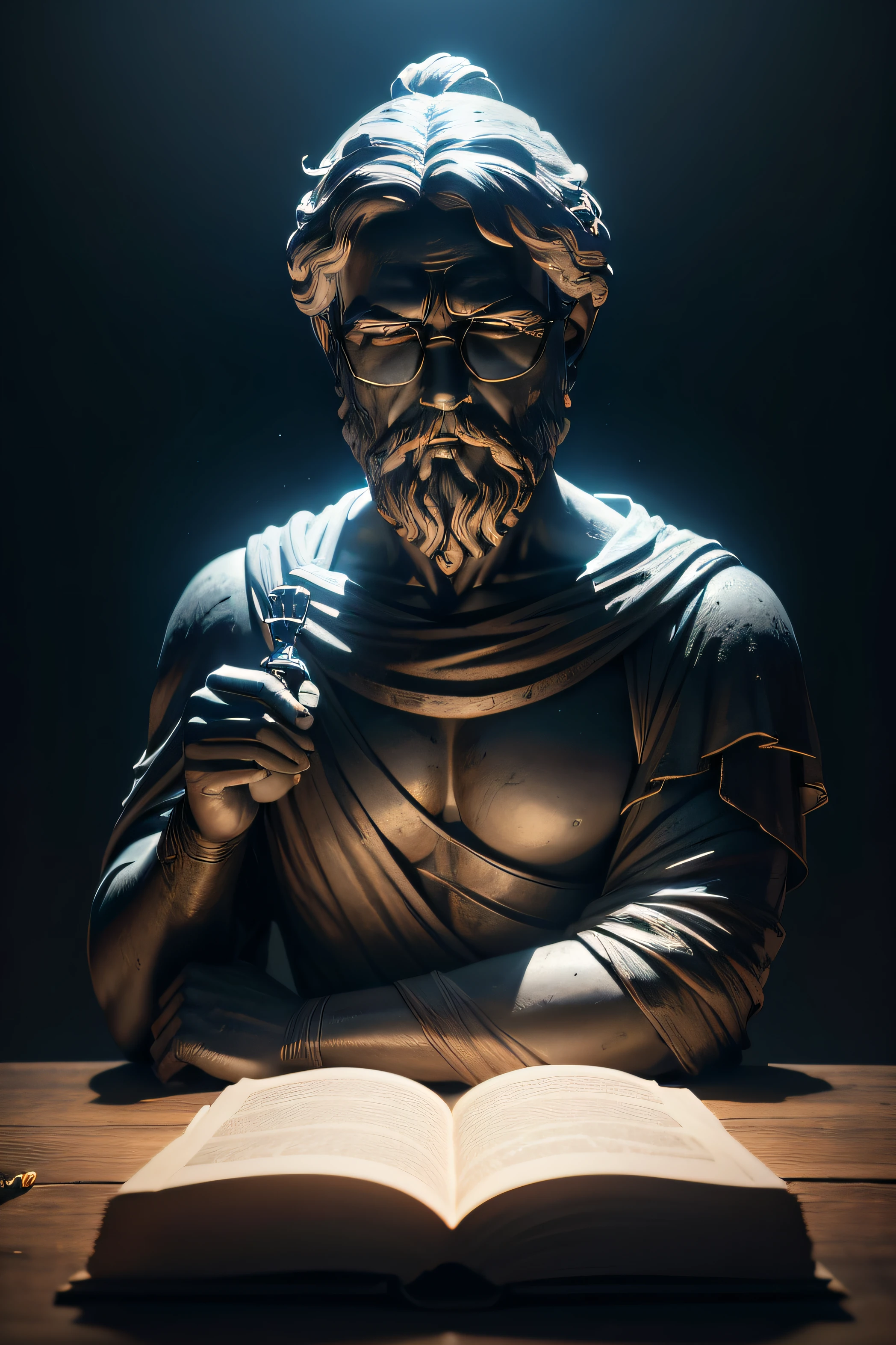 Create an inspiring 8K image depicting a 3rd century Greek philosopher.C., immortalized as a statue. Set the stage in a dark and mysterious environment, with the figure wearing glasses, but enigmatically illuminated by epic lights and shadows. The resulting image should exude an aura of deep contemplation and wisdom..