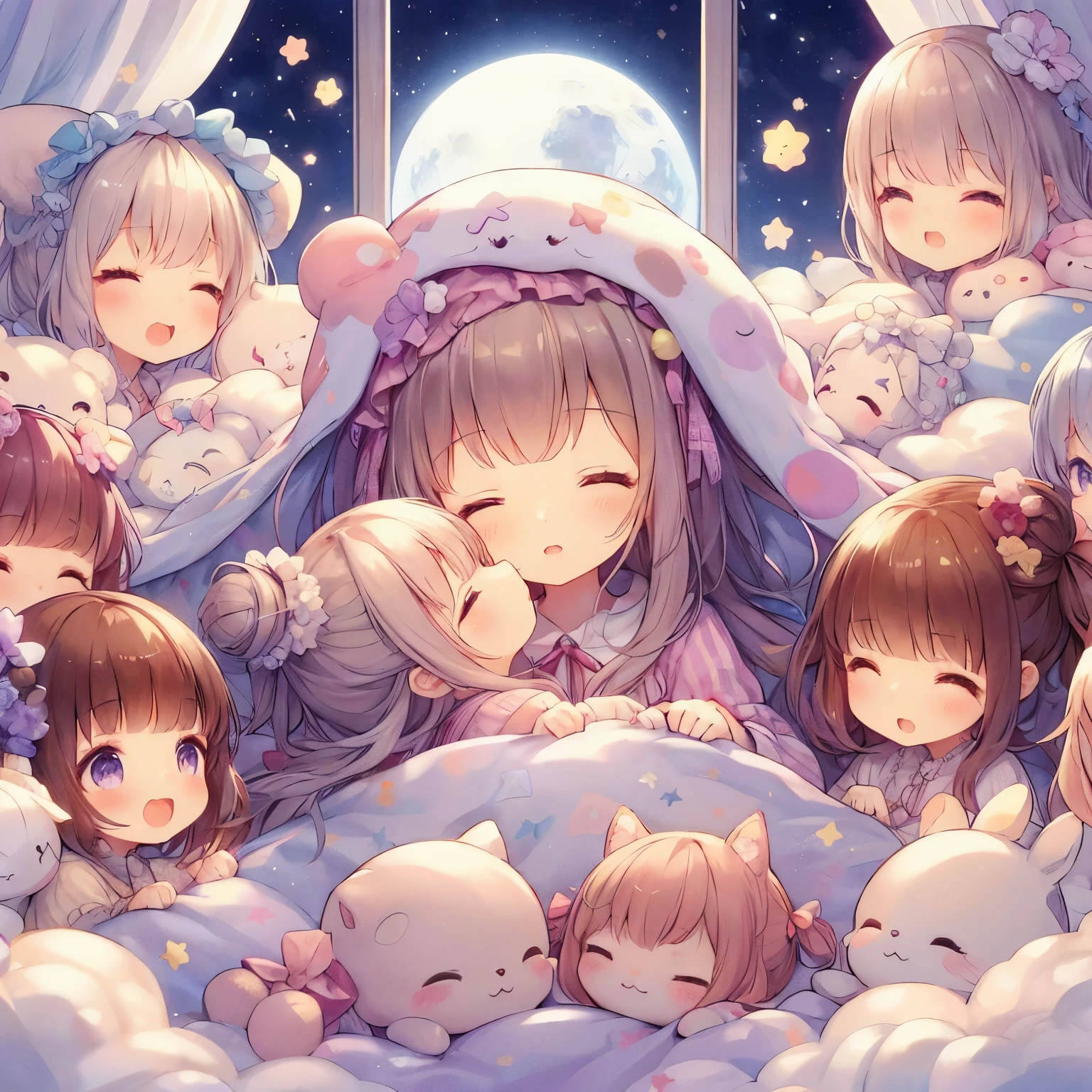 Anime girl in bed with stuffed animal and full moon, Nightcore, cute anime, anime art wallpaper 8k, pixiv, anime art wallpaper 4k, anime art wallpaper 4k, trending on artstation pixiv, dreamy night, cute detailed digital art, digital art on pixiv, guweiz on pixiv artstation, splash art anime 