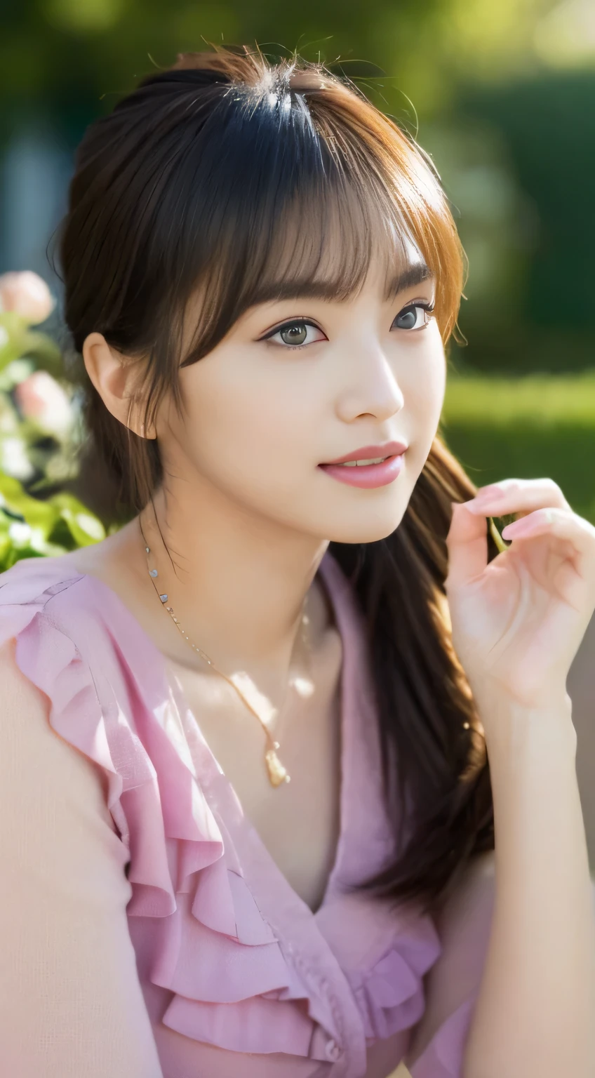 ((realistic lighting, highest quality, 8K, masterpiece: 1.3)), whole body from thighs: 1.2, ((1 person)), 20 year old female, beautiful Japanese faces, perfect figure: 1.4, super fine face, fine eyes, double eyelid, The beauty of slim abs, thin waist, realistic skin texture, Fair skin, glowing skin, Fair skin, long and thin legs, super detailed face, fine eyes, double eyelid, beautiful thin eyebrows, fine long eyelashes, long slit eyes, charming brown eyes, Plump and glossy pink lips, My cheeks turned red, natural smile, beautiful teeth, beautiful small face, beautiful actress' perfect makeup, necklace, earrings, light brown delicate soft hair, (feminine short ponytail :1.2), layer cut, (dull bangs:1.2), stare at the viewer with a greedy expression, dynamic lighting,
She wears a tight blouse with see-through dots, Ruffles at hem and cuffs, The front button of the clothes is undone, No bra under clothes,
The bulge in your chest is beautiful,
Standing in a beautiful posture in a large garden, There are many flowers blooming in the background, blur the background,
The bright morning light illuminates the area,