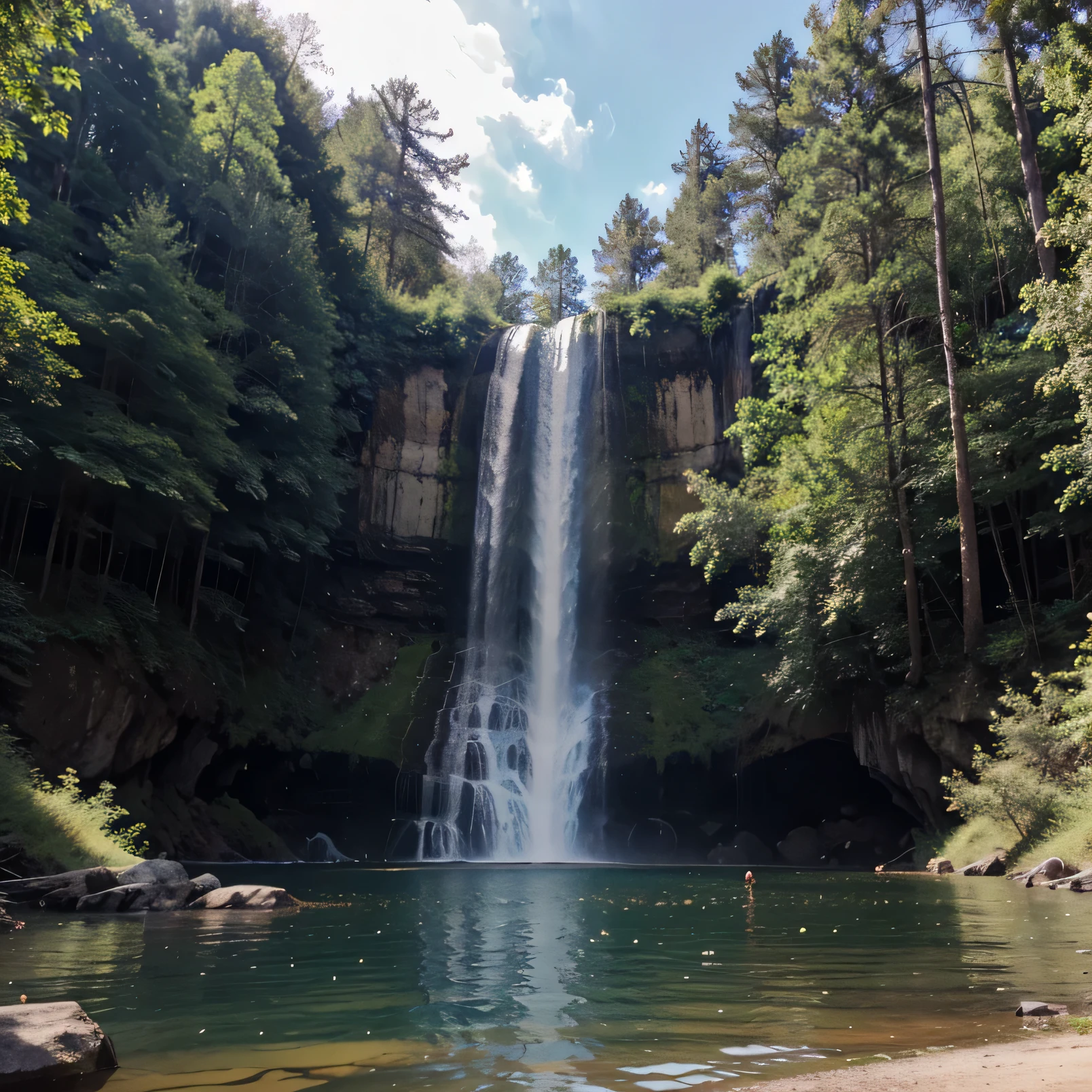 Lake in the middle of the forest, Birds flying in the sky, Deer drinking water, And a waterfall next to it