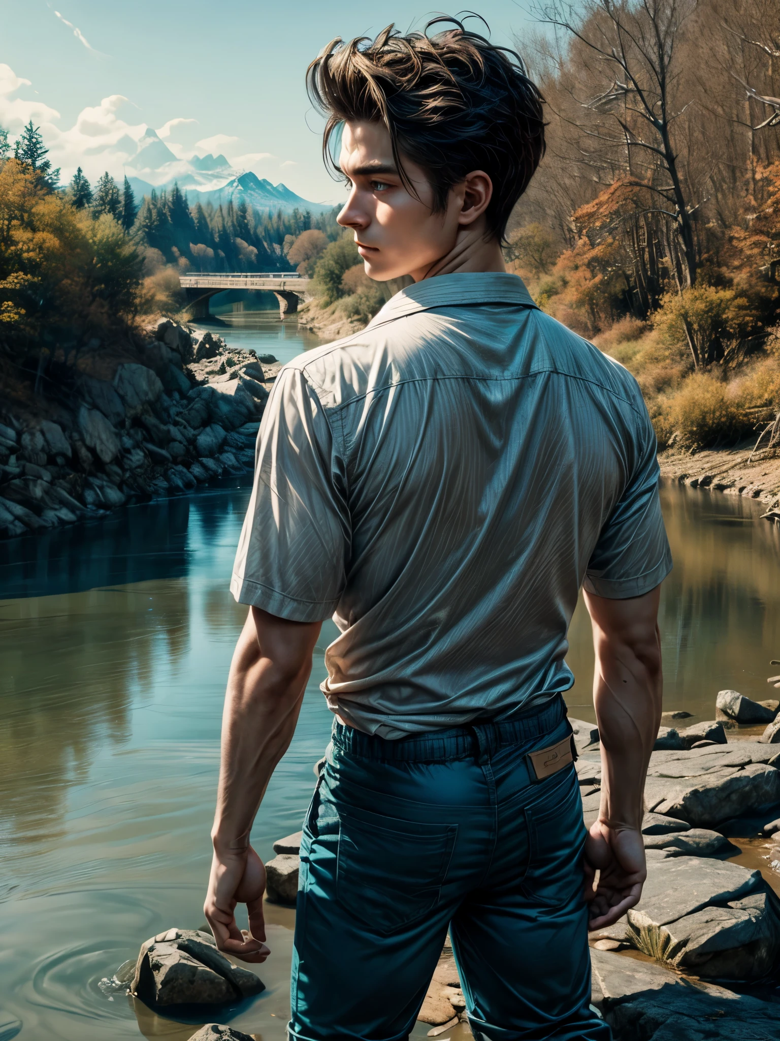 unreal engine:1.4,ultra realistic CG 32K, photorealistic:1.4, skin texture:1.4, masterpiece:1.4, perfectly proportioned body, ((Beautiful man Reflecting on the river bank, on his back with a shirt tucked into his pants cyan color, rolled-up earth-colored pants:1.5)), he has his hands resting on his chin, thoughtful:1.4, ((epic beautiful landscape:1.4)).