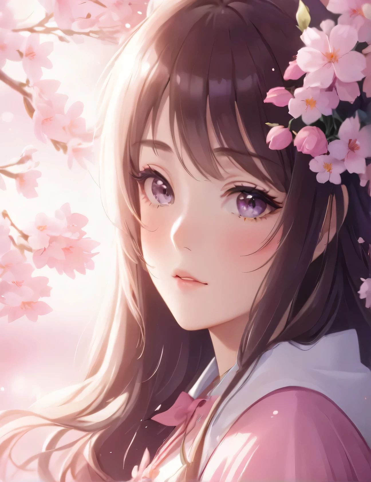 Anime girl with long hair and pink dress with flowers in her hair, beautiful anime portrait, anime style 4k, anime art wallpaper 4k, anime art wallpaper 4k, beautiful anime girl, anime art wallpaper 8k, beautiful anime, anime wallpaper 4k, anime wallpaper 4k, cute realistic portrait, amazing anime face portraits, beautiful anime face, 4k anime wallpaper