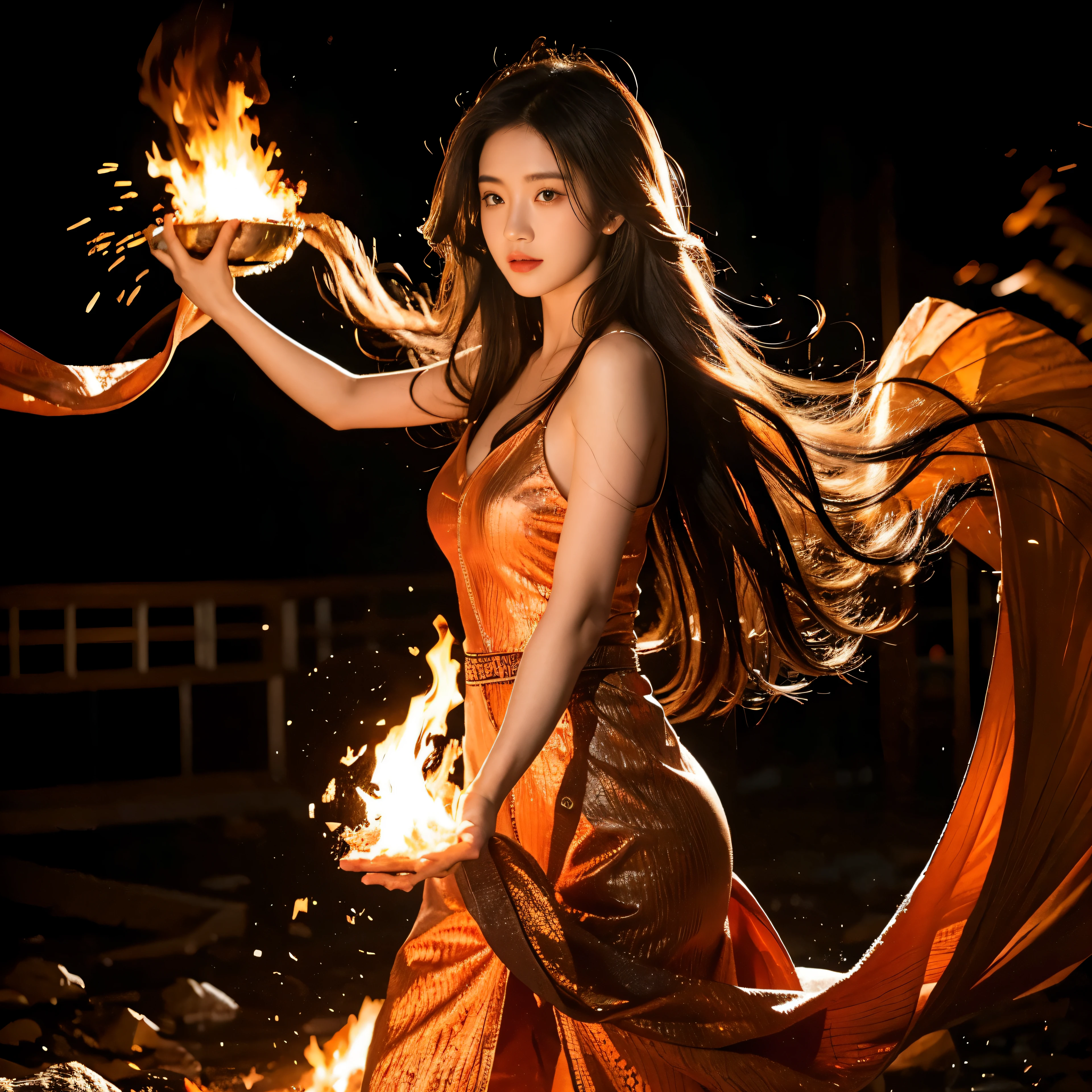 A beautiful Taiwanese girl is present in the image, her long wavy hair appearing to be in motion, adding a dynamic feel to the photograph. The background is blurred, and surreal elements such as floating fire indicating her thermokinetic abilities create a refined atmosphere around it. How it was made: high-speed photography, dynamic pose, clear clothing details, motion blur, surreal fire effect.