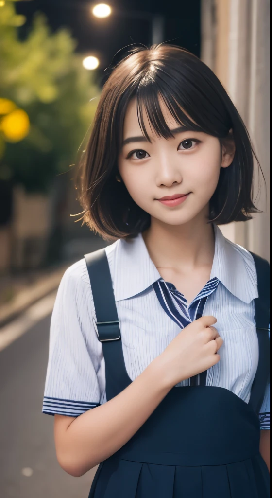 Japanese high school girl、(japanese school uniform)、table top, highest quality, 8K, 15 year old student, , Raw photo, absurd, award-winning portraits, smile, alone, night, neon, idol face, violaces, gardenia, delicate girl, Upper body, Digital single-lens reflex camera, looking at the viewer, Frank, Sophisticated, thin arms, professional lighting, film grain, chromatic aberration, (Eye and face details:1.0), (Bokeh:1.1) , , short hair , huge breasts