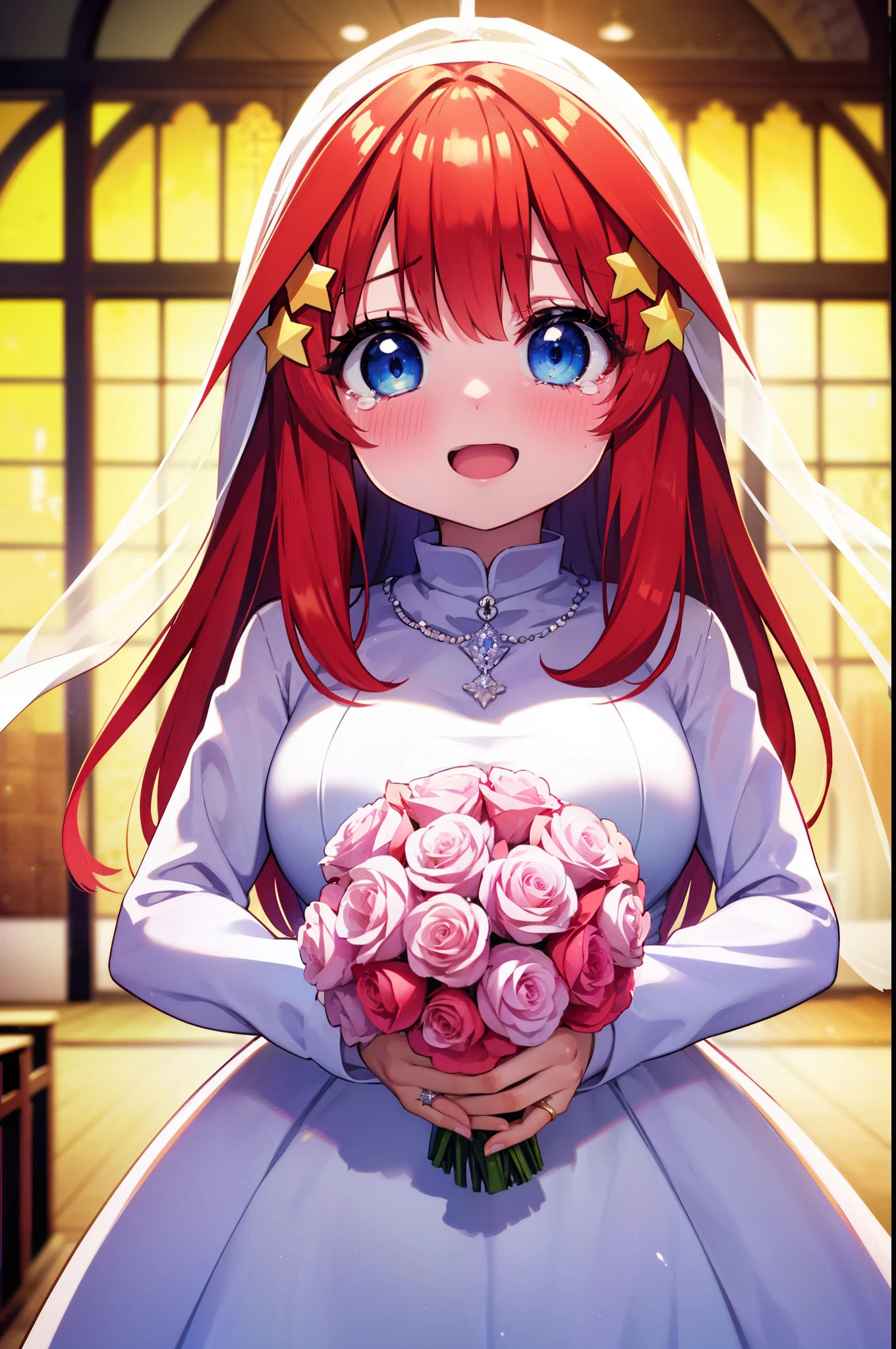 itsukinakano, itsuki nakano, bangs, blue eyes, hair between eyes, long hair,redhead, star \(symbol\), hair ornaments, star hair ornaments,smile,blush,open your mouth, happy atmosphere,Big tears are running down her face,tears of joy,Light of the sun,Stand Glass,Wedding dress,veil,Wedding Skirts,bouquet,holding a large bouquet of flowers in both hands,Hanabubuki, 
break indoors, church,chapel, 
break (masterpiece:1.2), highest quality, High resolution, unity 8k wallpaper, (shape:0.8), (fine and beautiful eyes:1.6), highly detailed face, perfect lighting, Very detailed CG, (perfect hands, perfect anatomy),