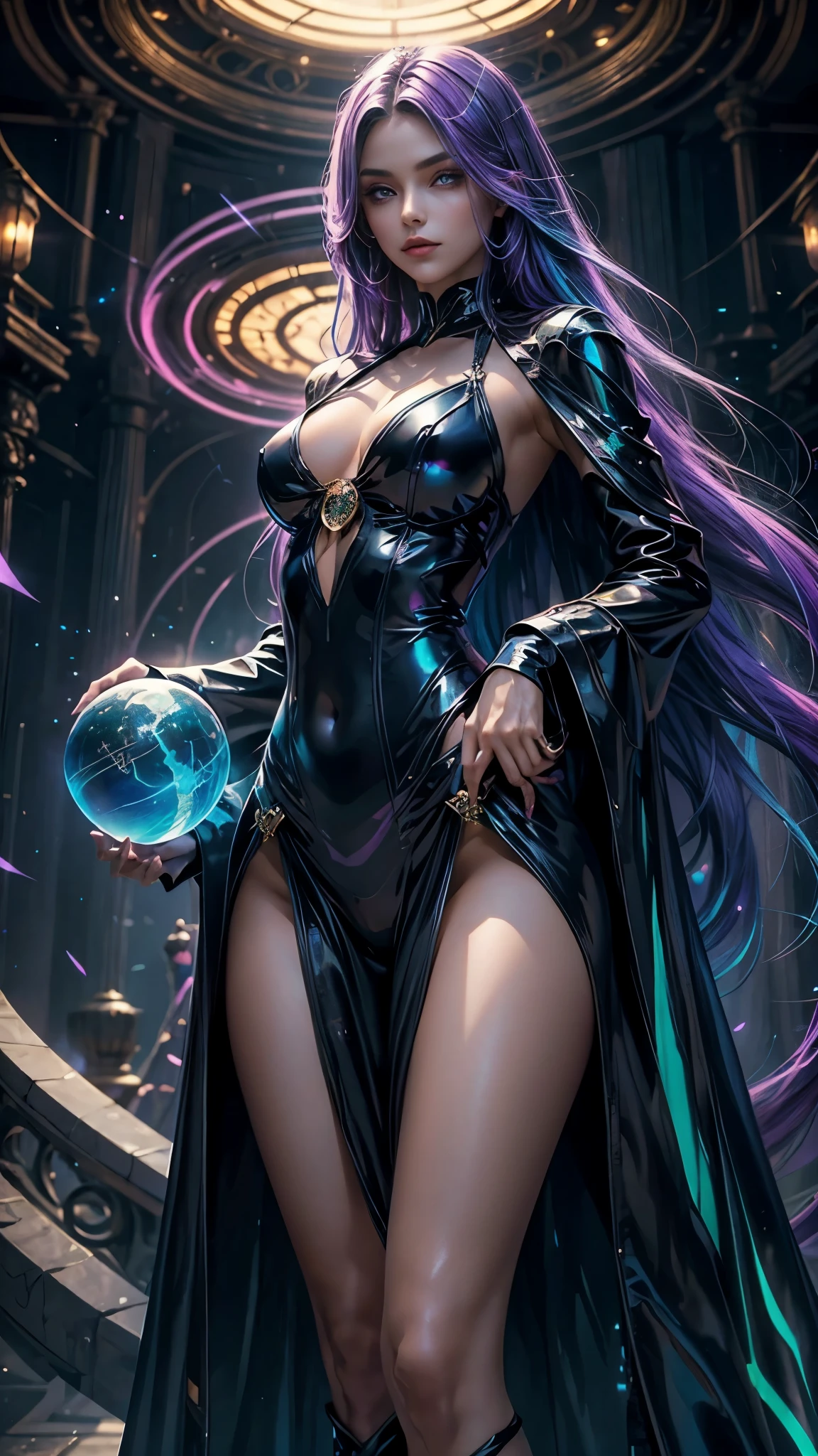 Masterpiece, best quality, 1girl, with long flowing iridescent hair in shades of purple, blue, and green, wearing a sleek black bodysuit, standing in a dramatic pose with one hand on her hip and the other holding a glowing, magical crystal ball. In the background, a swirling vortex of light and energy adds to the mysterious and enchanting atmosphere of the scene. glow hair, multicolor hair