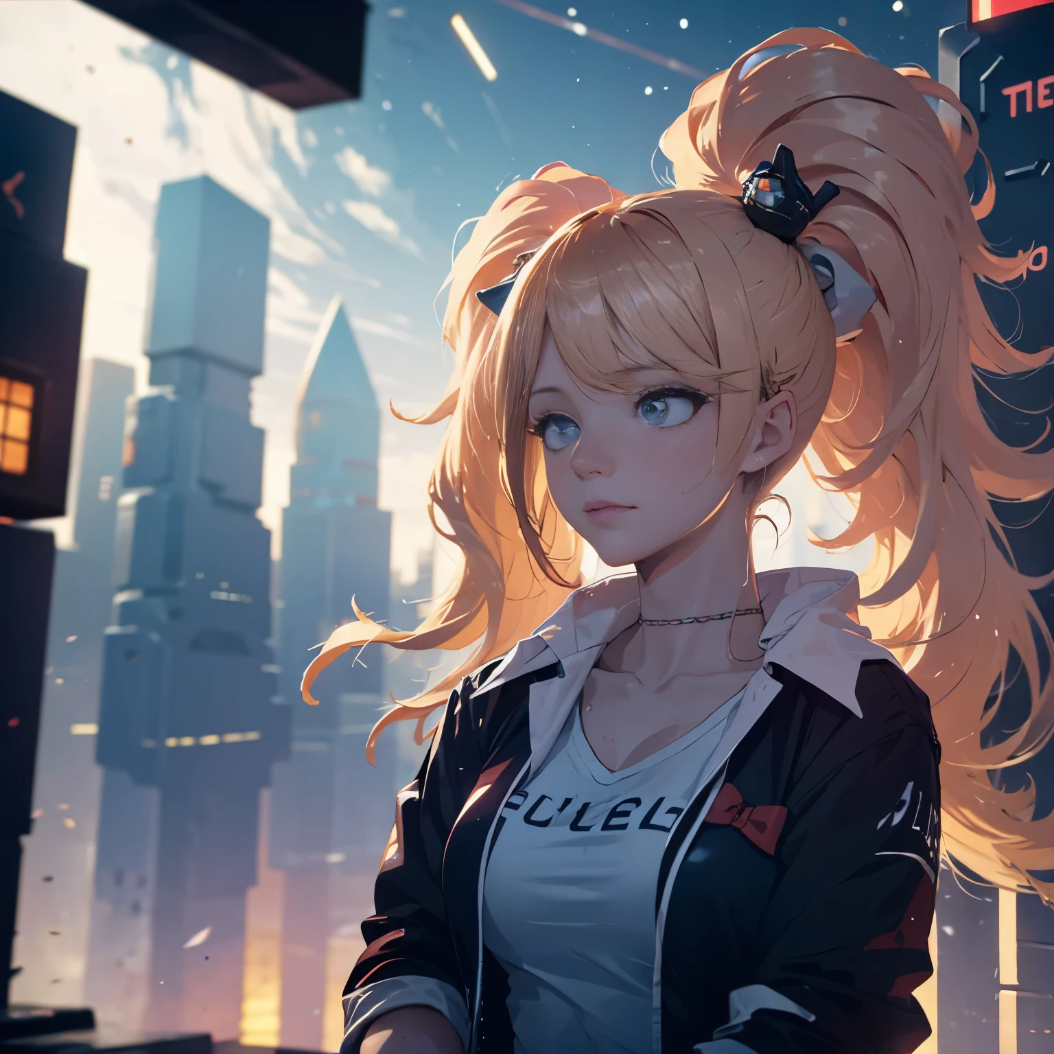 octanos, Cielo, estrella (Cielo), paisaje, cielo estrellado, Noche, 1girl, cielo nocturno, solamente, al aire libre, edificio, nube, Cometas, milky way, sentada, tree, Bring a little robot, Pelo largo y rojo, Camisa blanca, ojos dorados, bragas negras, Wet, sexy, Cyber City, Futuros, silueta, Paisaje urbano, asombroso, Poder, aura.