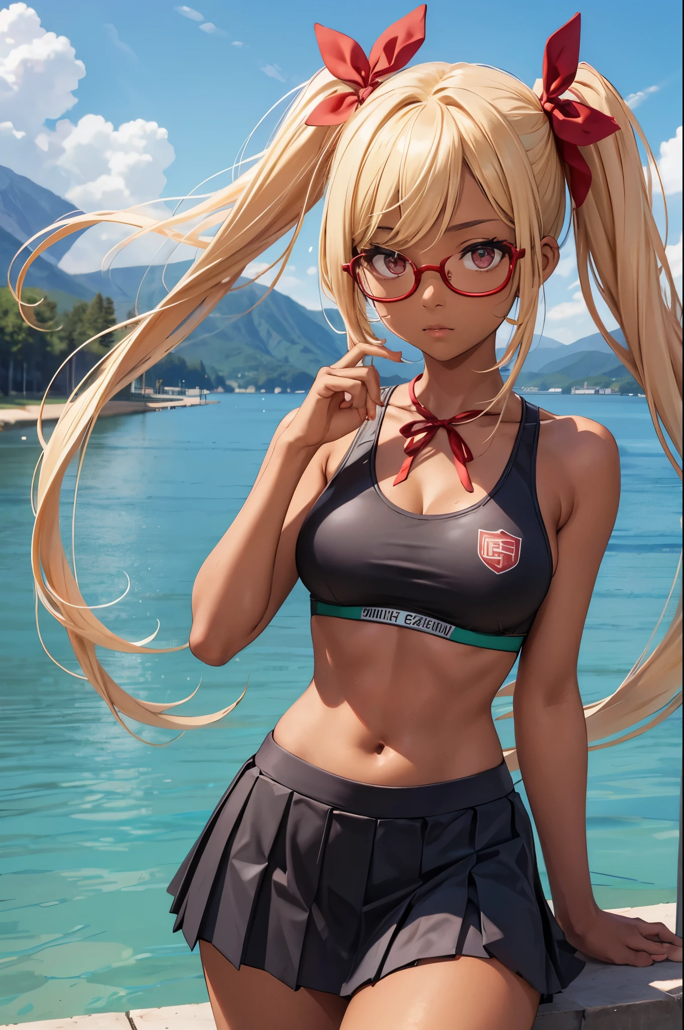 glasses, medium breasts, dark-skinned female, sports bra, miniskirt, pleated skirt, blonde hair, twintails, red ribbon, with a lake background,