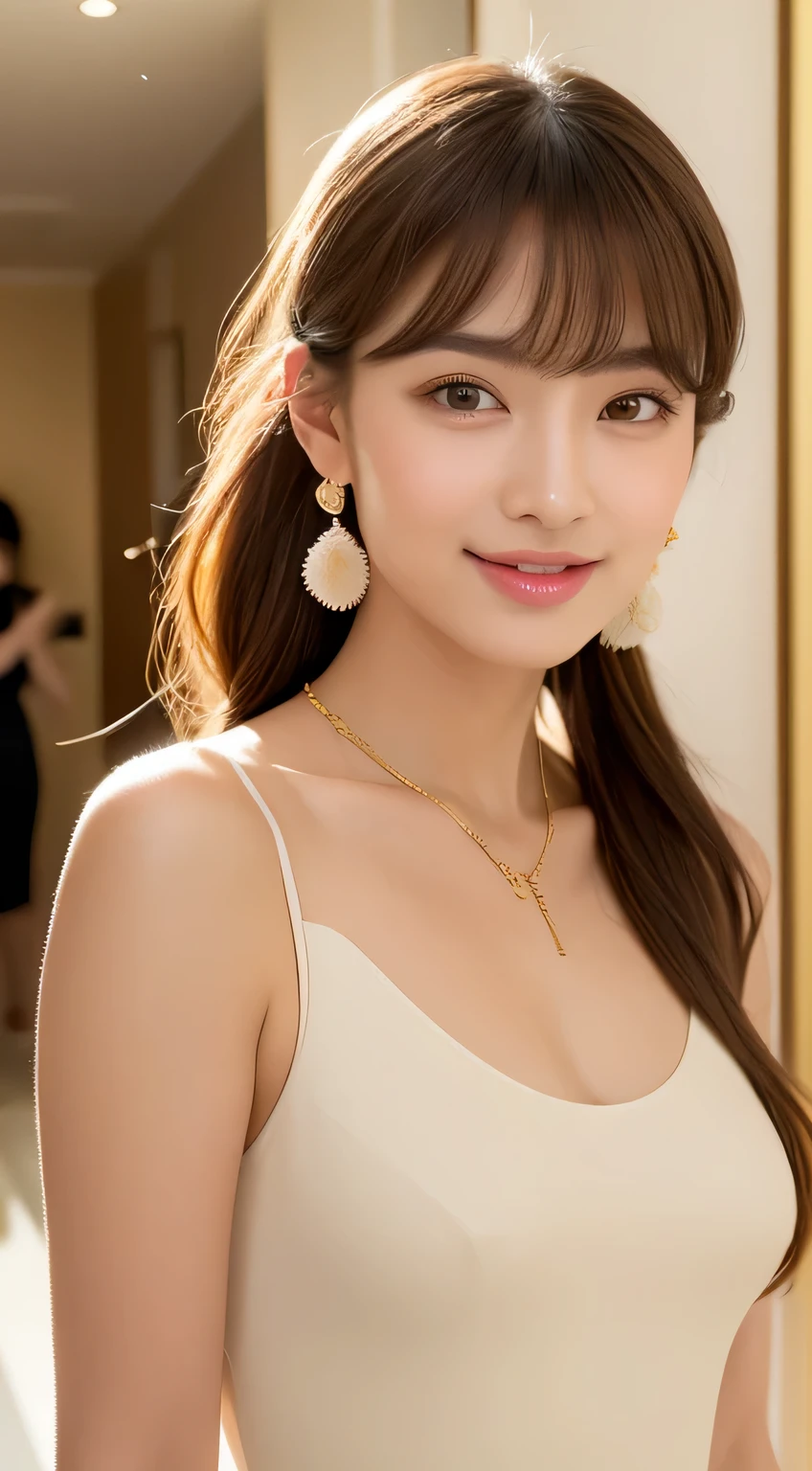 ((highest quality, 8K, masterpiece :1.3)), 20 year old female, (Half Japanese and half German woman), 1 person, Beautiful face with intelligence, A beautiful woman who emphasizes her supple body :1.3, 頭w:1.4, Full body image from thighs, slim facial contour, The beauty of slim abs :1.2, thin waist, realistic skin texture, Fair skin, glowing skin, Fair skin, long and thin legs, super detailed face, fine eyes, double eyelid, beautiful thin eyebrows, fine long eyelashes, long slit eyes, charming brown eyes, Plump and glossy pink lips, My cheeks turned red, natural smile, beautiful teeth, beautiful small face, beautiful actress&#39; perfect makeup, necklace, earrings, light brown delicate soft hair, (feminine medium short, ponytail :1.2), layer cut, (dull bangs:1.2), stare at the viewer with a greedy expression, dynamic lighting, 

she is wearing a golden leotard, chest is wide open, 
The bulge in your chest is beautiful, 
white marble hallway in luxury hotel, (white room), blur the background, 
Walk with good posture, legs open, 
Bright sunlight illuminates everything, 