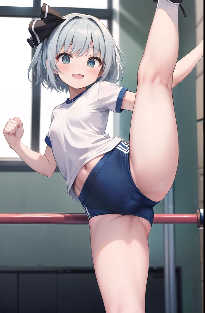 (((((whole body)))))、Youmu, This is a very cute gym uniform 、smile,、cowboy shot、doing a high kick、