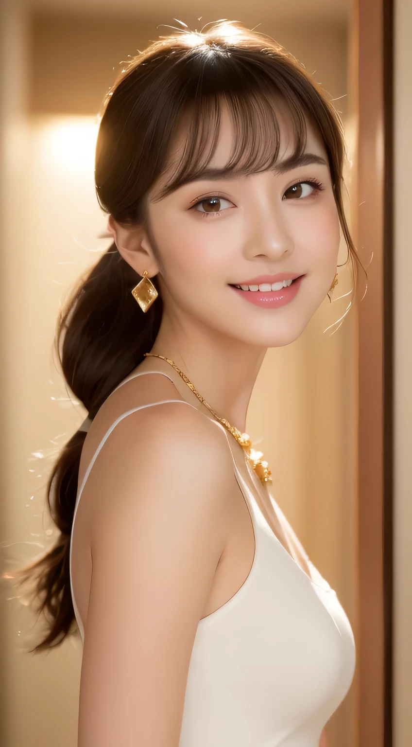 ((highest quality, 8K, masterpiece :1.3)), 20 year old female, (Half Japanese and half German woman), 1 person, Beautiful face with intelligence, A beautiful woman who emphasizes her supple body :1.3, 頭w:1.4, Full body image from thighs, slim facial contour, The beauty of slim abs :1.2, thin waist, realistic skin texture, Fair skin, glowing skin, Fair skin, long and thin legs, super detailed face, fine eyes, double eyelid, beautiful thin eyebrows, fine long eyelashes, long slit eyes, charming brown eyes, Plump and glossy pink lips, My cheeks turned red, natural smile, beautiful teeth, beautiful small face, beautiful actress' perfect makeup, necklace, earrings, light brown delicate soft hair, (feminine medium short, ponytail :1.2), layer cut, (dull bangs:1.2), stare at the viewer with a greedy expression, dynamic lighting,
she is wearing a gold satin camisole, chest is wide open,
The bulge in your chest is beautiful,
white marble hallway in luxury hotel, (white room), blur the background,
Walk with good posture, legs open,
Bright sunlight illuminates everything,