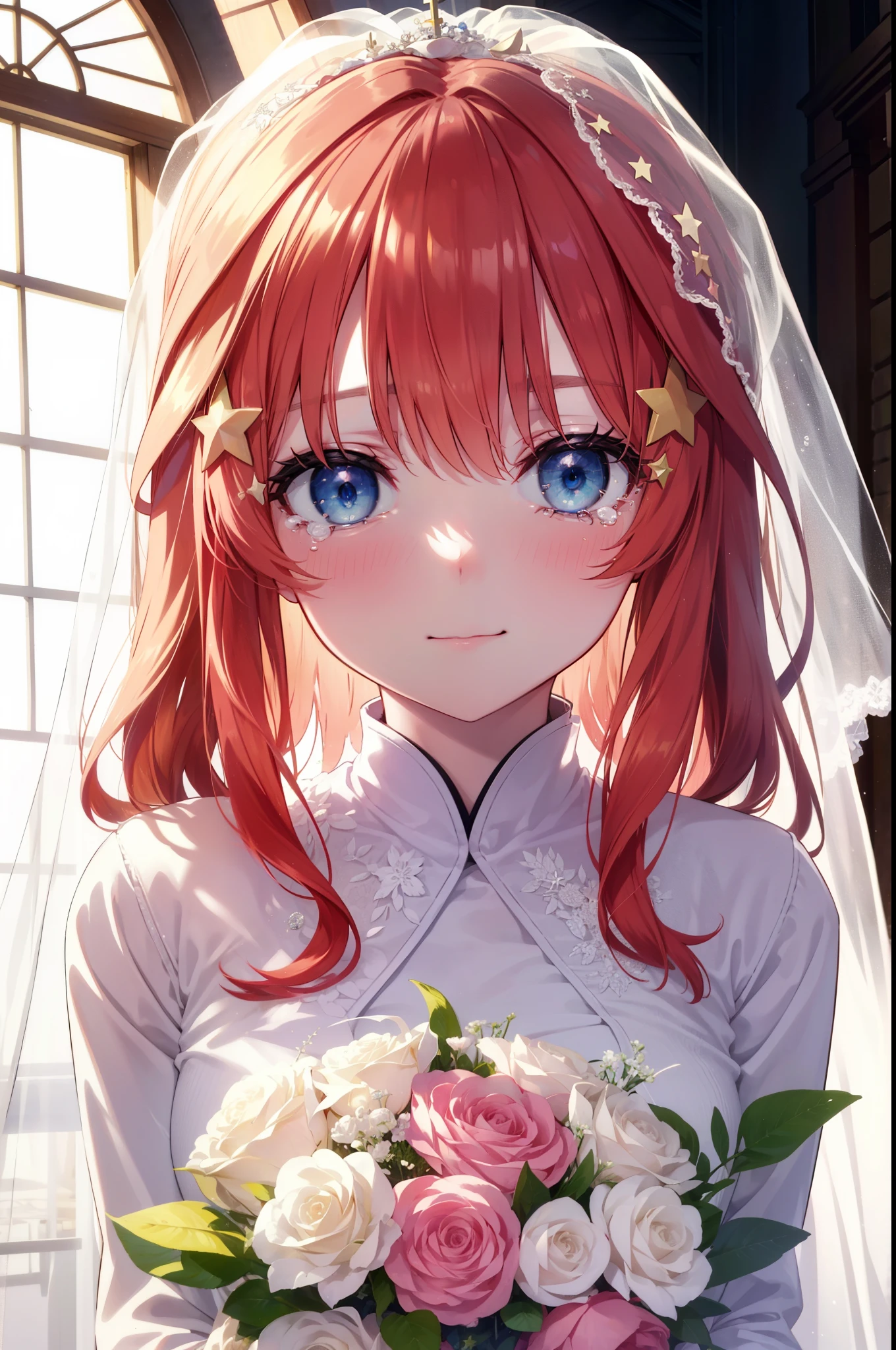 itsukinakano, itsuki nakano, bangs, blue eyes, hair between eyes, long hair,redhead, star \(symbol\), hair ornaments, star hair ornaments,smile,blush,open your mouth, happy atmosphere,Big tears are running down her face,tears of joy,Light of the sun,Stand Glass,Wedding dress,veil,Wedding Skirts,bouquet,holding a large bouquet of flowers in both hands,Hanabubuki,
break indoors, church,chapel,
break (masterpiece:1.2), highest quality, High resolution, unity 8k wallpaper, (shape:0.8), (fine and beautiful eyes:1.6), highly detailed face, perfect lighting, Very detailed CG, (perfect hands, perfect anatomy),