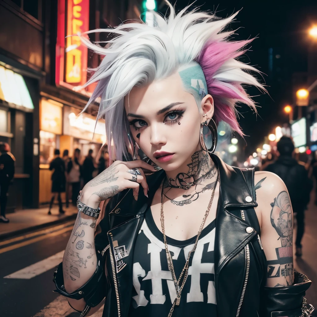 top-quality、8K、32K、​masterpiece、nffsw:1.3)、(Photorealsitic:1.4),21-year-old punk girl,Punk mohawk hair,tattoo sleeves and piercings,Harajuku-inspired hip-hop punk fashion,A neon white-haired,Street graffiti background,depth of fields