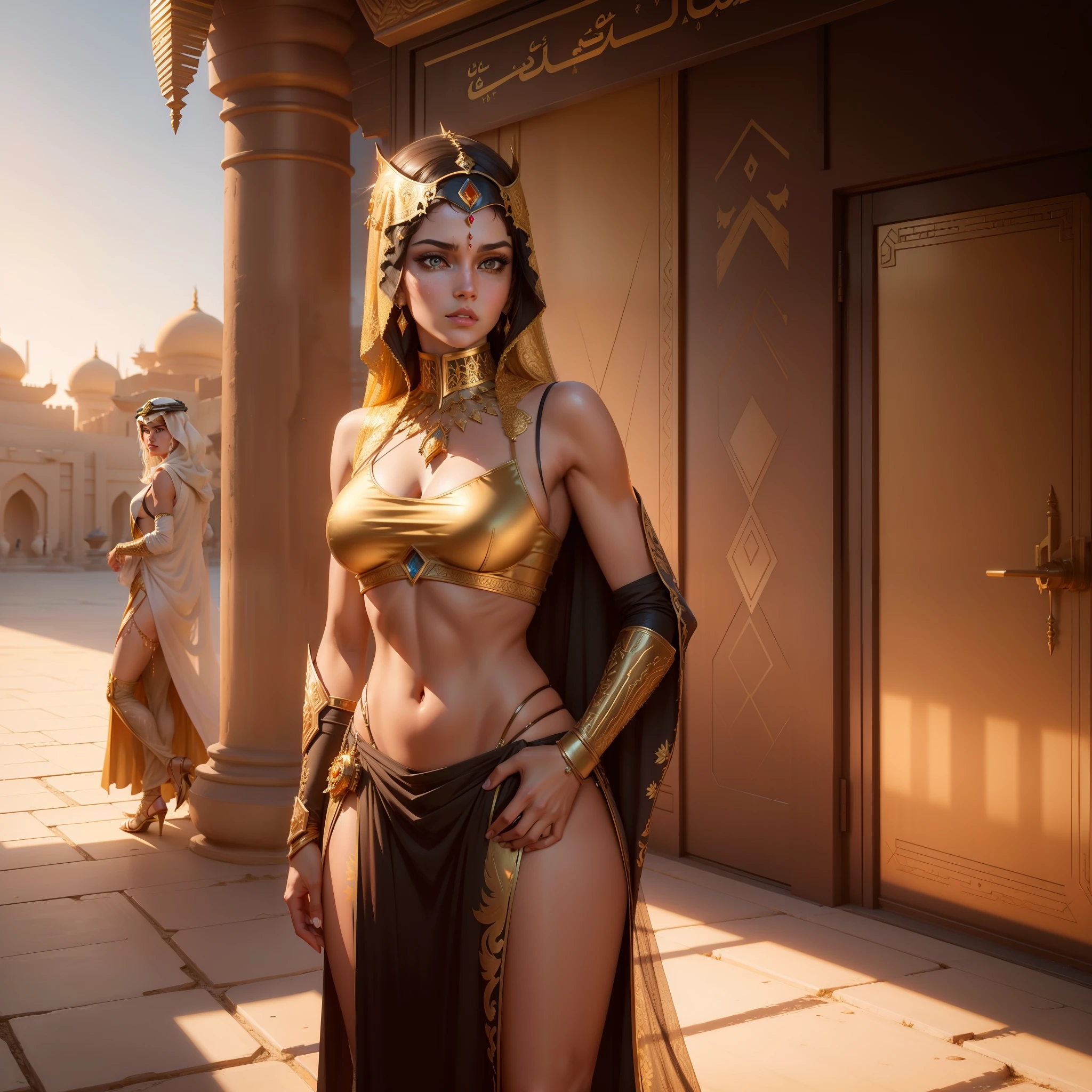 Photo of (arabian princess:1.5) Packed hall standing in the background々and衣装を着て (Cyberpunk Desert:1.3), (Exotic Royal Palace:1.5) and (sunset sky:1.2). In a complex hijab, Long vest in jewelry with gold embroidery, detailed face and eyes, (very detailed:1.4), 8K, realistic, (long dark brown hair:1.2), (young woman:1.1), Written by Jeremy Mann, Written by Sandra Chevrier, Written by Maciej Cuchara, (shadows and highlights:1.3), true shadow, 。.3D, (golden hour lighting:1.3), (by Michelangelo:0.9), Art stations and deviations, Greg Rutkowski and Alphonse Much