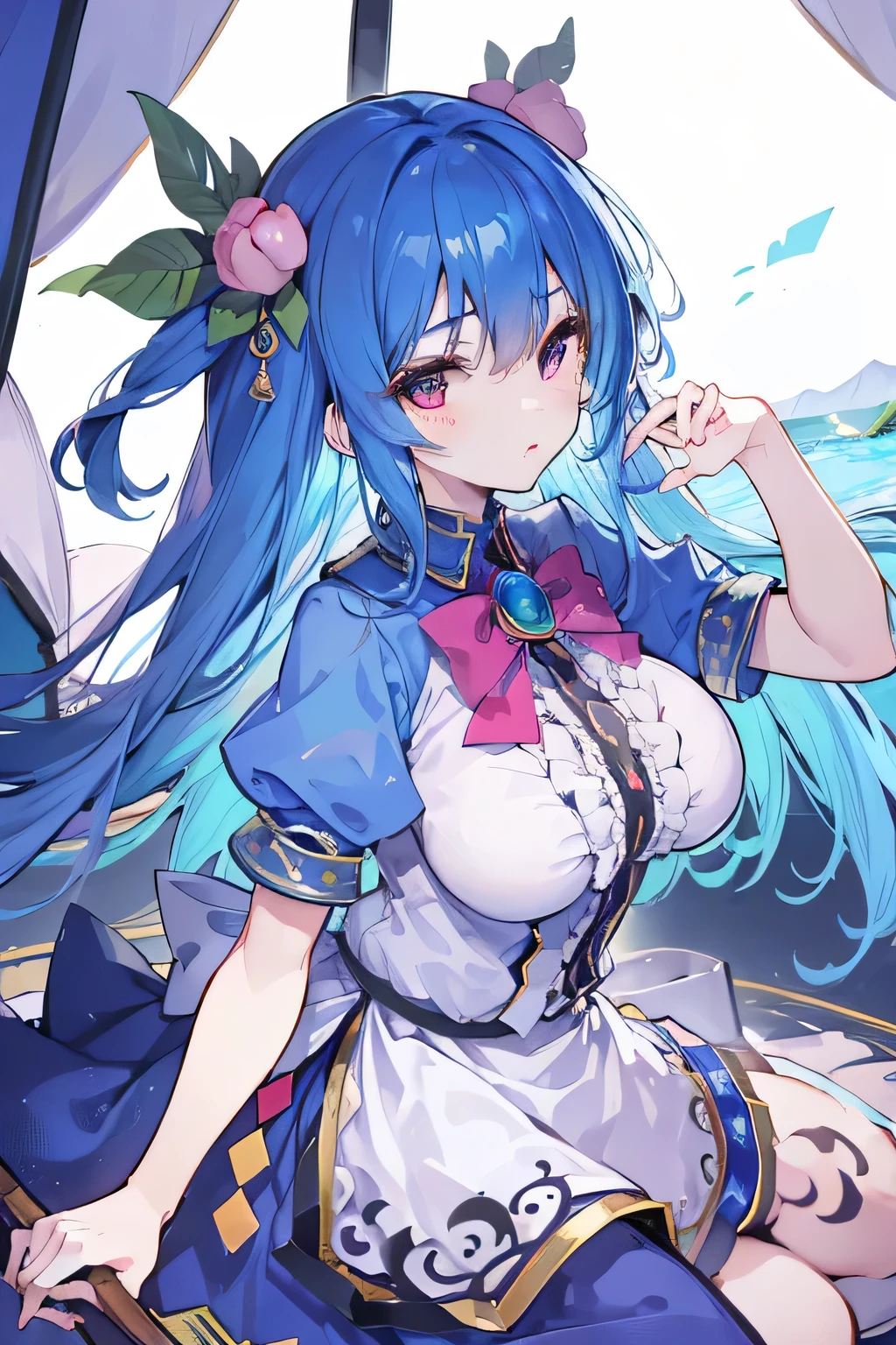 (masterpiece),best quality, expressive eyes, perfect face, 1girl,
big breasts, H cup, Good breasts, Put your hands on your waist,Fair, Gorgeous,japanese manga,girl,Laura,young angel, blue hair, blue haired,tent , tent chest, tent breast, floating clothes