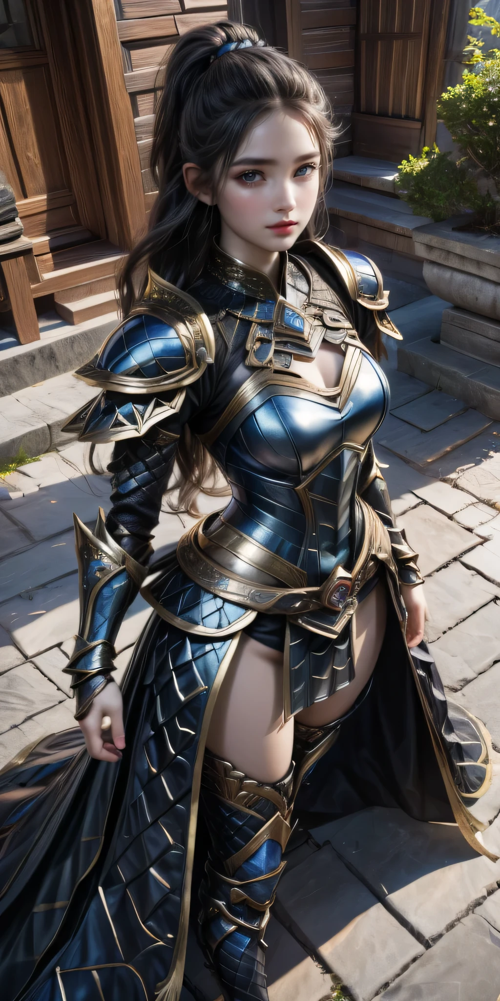 (master piece, top quality, High resolution), (hyper realistic:1.2)、detailed face、beautiful expression、shy smile、 (((women&#39;s armor))), (((Armor Dress Set))), (she has long black hair, cowboy shot、thin waist、navel、between legs、 bewitching、sexy mature woman、Sexy is、(stand)、(come walking)、(jump up)、(sit)、 photo pose, top view、urban ruins、 background details、 (((whole body)), From above, solo、