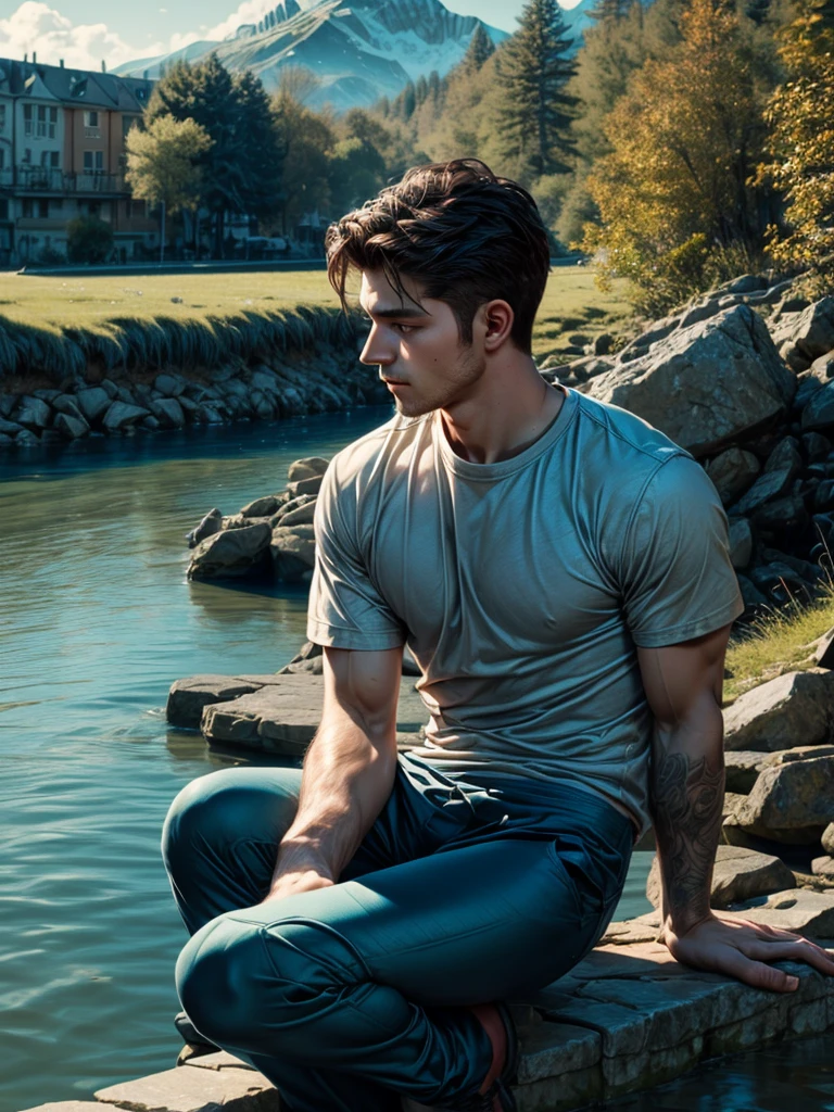 long shot:1.4, unreal engine:1.4,ultra realistic CG 32K, photorealistic:1.4, skin texture:1.4, masterpiece:1.4, perfectly proportioned body, ((Beautiful man sitting Reflecting on the bank of the river, back with shirt tucked into his cyan pants, earth-colored pants rolled up:1.5)), he has his hands resting on his chin, thoughtful:1.4, ((epic beautiful landscape:1.4)).