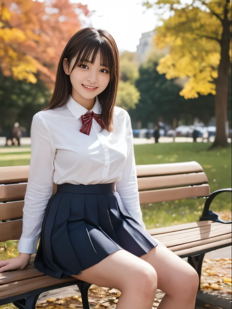 table top, highest quality, one girl, (beautiful girl:1.3), (:1.2), very fine resolution, (symmetrical eyes:1.3), (（NSFW)）, laughter、(sit on a park bench, , Uniform knee length pleated skirt:1.3), beautiful breasts, brown eyes, parted bangs, dark brown hair, The background is a beautiful autumn landscape of autumn leaves.、wood々The sun is shining between、Beautiful silhouette that shines in the backlight,