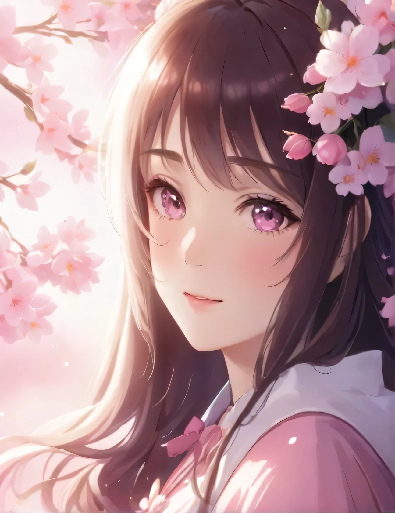 Anime girl with long hair and pink dress with flowers in her hair, Girl smiling gently,beautiful anime portrait, anime style 4k, anime art wallpaper 4k, anime art wallpaper 4k, beautiful anime girl, anime art wallpaper 8k, beautiful anime, anime wallpaper 4k, anime wallpaper 4k, cute realistic portrait, amazing anime face portraits, beautiful anime face, 4k anime wallpaper