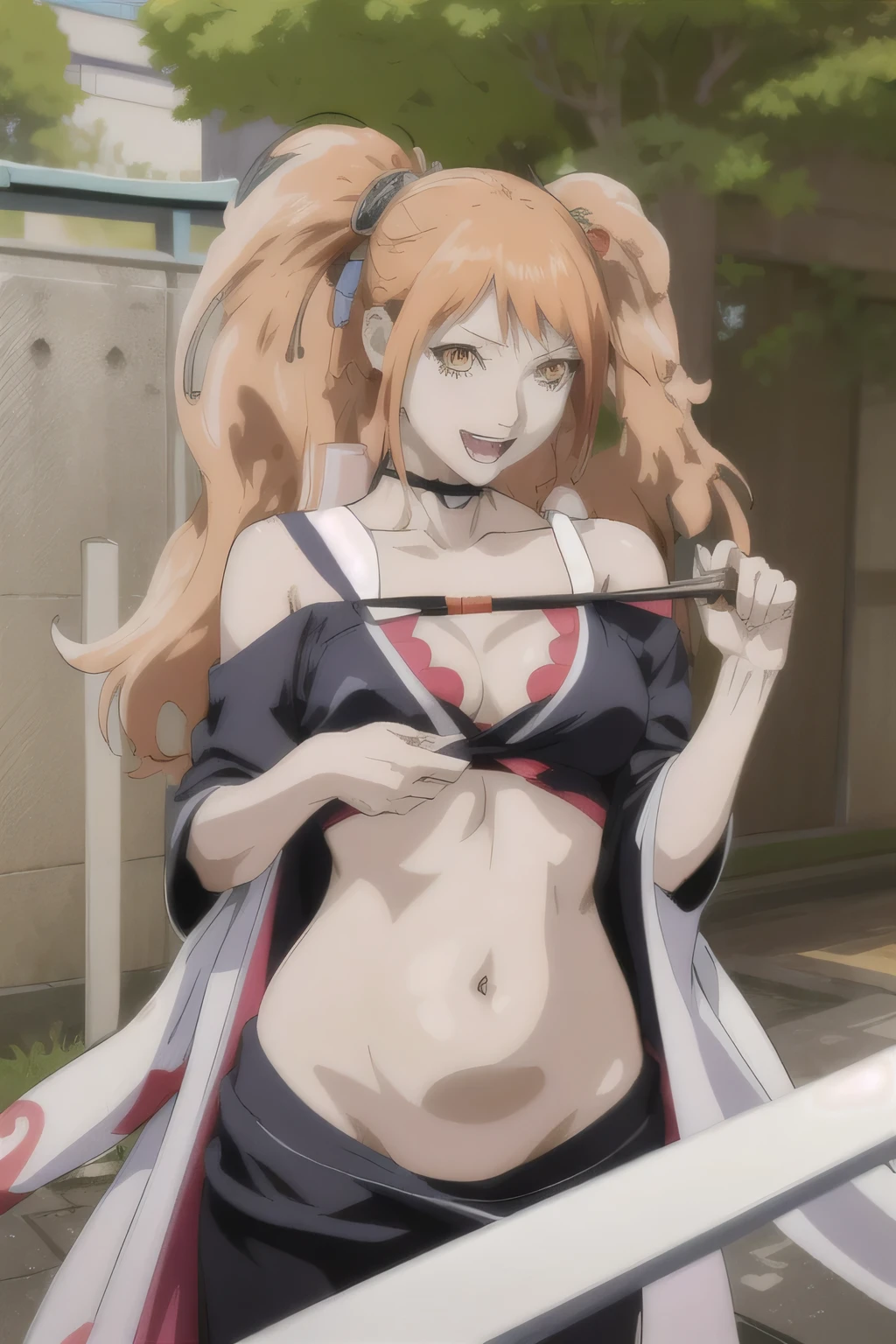 momomi, 
masterpiece, best quality, highly detailed, a anime girls in kimono dress with a sword posing for a
picture, bare shoulder,open kimono, evil smile, open mouth, crop top , (nsfw) not safe for work, smile,
ecchi anime style, anime girls, ecchi style, ecchi, digital anime art!!, in anime style, official artwork, visual
novel cg, beautiful anime girl, anime style 4 k, kimono pencil skirt, exposed belly, exposed navel,
exposed midriff, exposed lower belly, outdoor, japanese architecture, temple