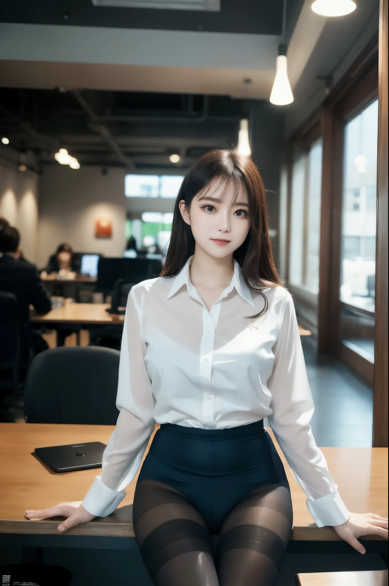 ulzzang-6500-v1.1, (Raw photo:1.2), (Photoreal),  (See-through:1.3), (genuine: 1.4), Office lady sitting cross-legged on the desk, wearing a strict suit, wearing a strict business suit, (super realistic pantyhose:1.3),  reluvy5213, sakimichan HDRI,  to NFSW、smile of shame、huge file size, High resolution, very detailed, highest quality, [masterpiece:1.6], An illustration, very detailed, ticker, fine details, highest quality, 8K wallpaper, movie lighting, cute droopy eyes beautiful big eyeuste piece)), 