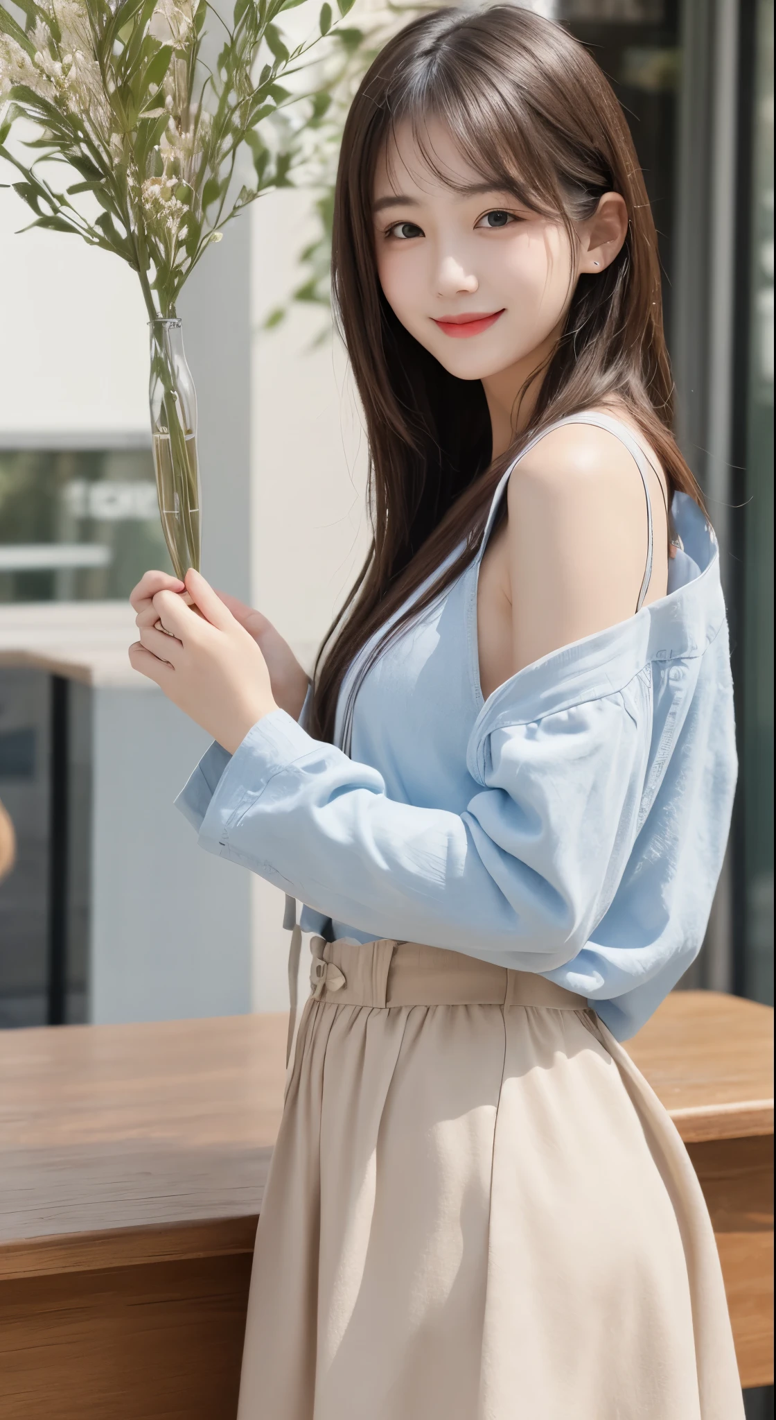 table top, highest quality, shape, Super detailed, finely, High resolution, 8k wallpaper, 完璧なダイナミックな構shape, finelyて美しい目, ladies fashion summer,medium hair,natural color lip,smile,Harajuku、20 year old girl、cute、sexy shot looking at camera、(date style photo:1.2)